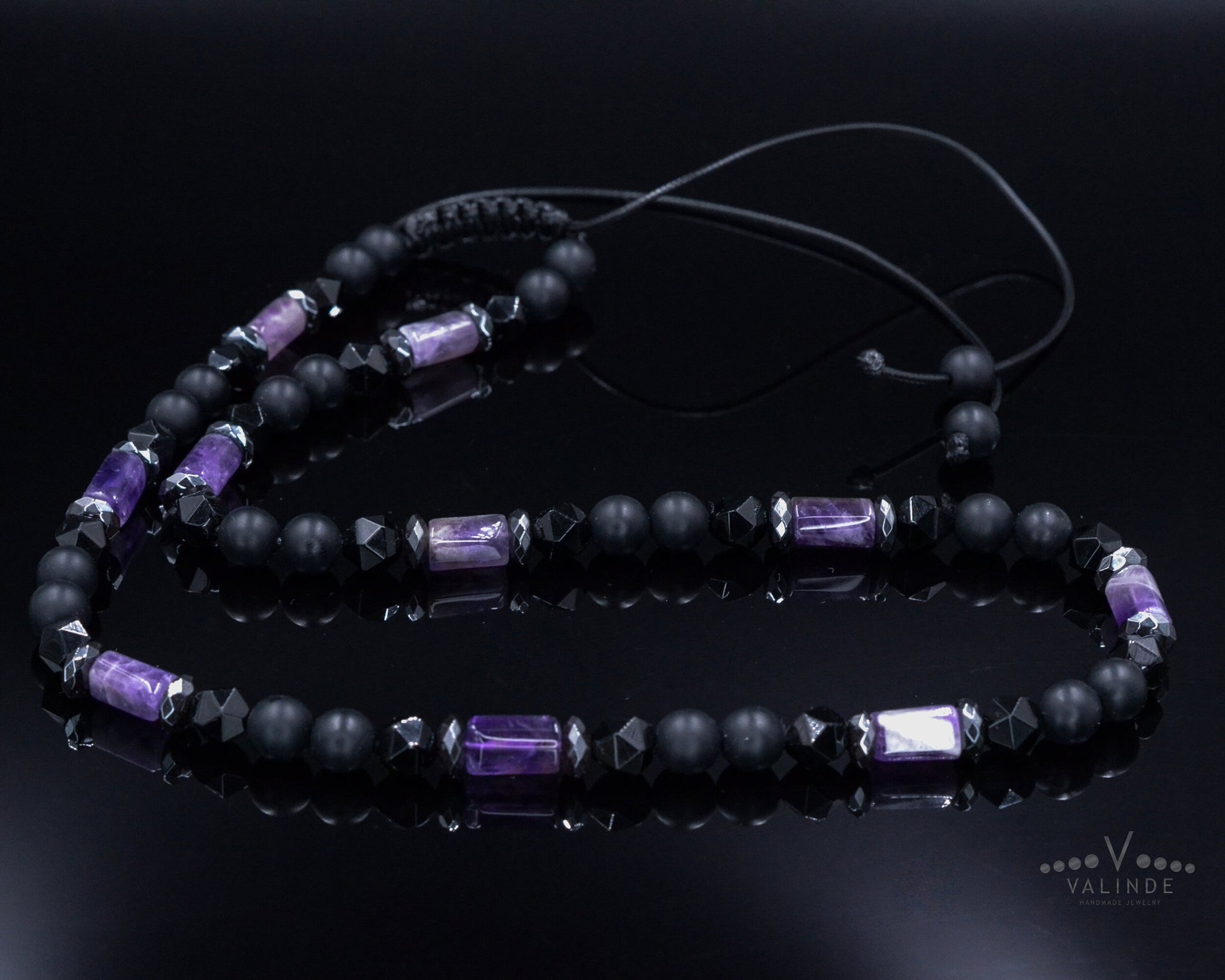Amethyst Crystal Necklace for Men - Men's Black Onyx Short Necklace - Gift for Men - Adjustable Beaded necklace - Agate Stone Necklace - Shamballa Necklace - Birthstone Necklace - Gemstone Necklace Men - Chakra Necklace - Macrame Necklace  - Healing Necklace - Valinde
