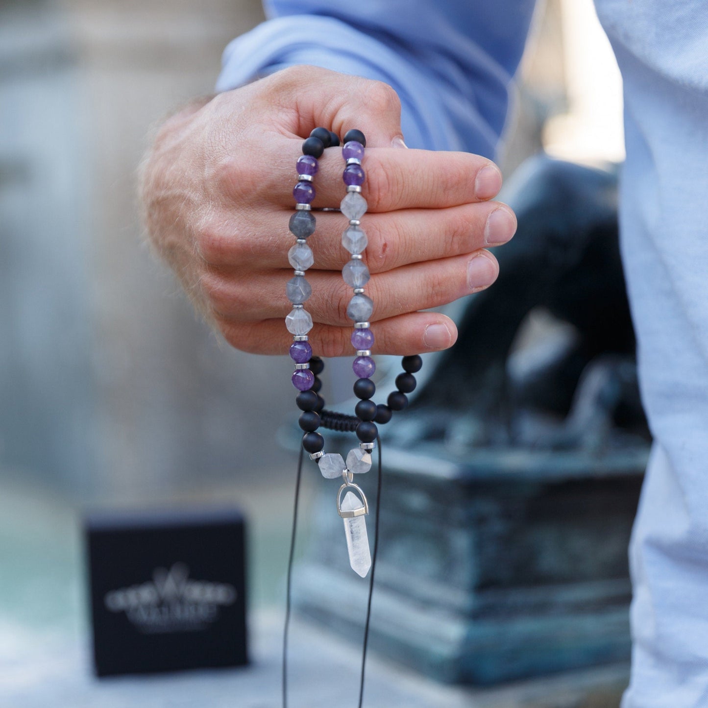 Amethyst Quartz Beaded Necklace - Men's Crystal Pendant Necklace - Gemstone Black Onyx Adjustable Necklace - Short Necklace - Gift for Men