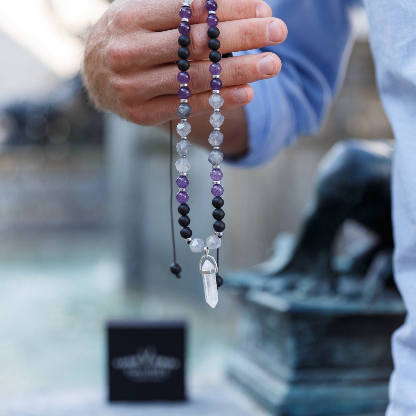 Amethyst Quartz Beaded Necklace - Men's Crystal Pendant Necklace - Gemstone Black Onyx Adjustable Necklace - Short Necklace - Gift for Men - Shamballa Necklace - Birthstone Necklace - Gemstone Necklace Men - Chakra Necklace - Macrame Necklace - Healing Necklace - Valinde