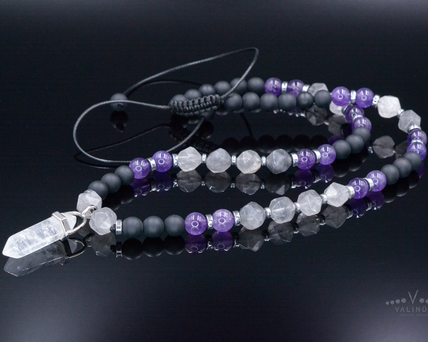 Amethyst Quartz Beaded Necklace - Men's Crystal Pendant Necklace - Gemstone Black Onyx Adjustable Necklace - Short Necklace - Gift for Men - Shamballa Necklace - Birthstone Necklace - Gemstone Necklace Men - Chakra Necklace - Macrame Necklace - Healing Necklace - Valinde