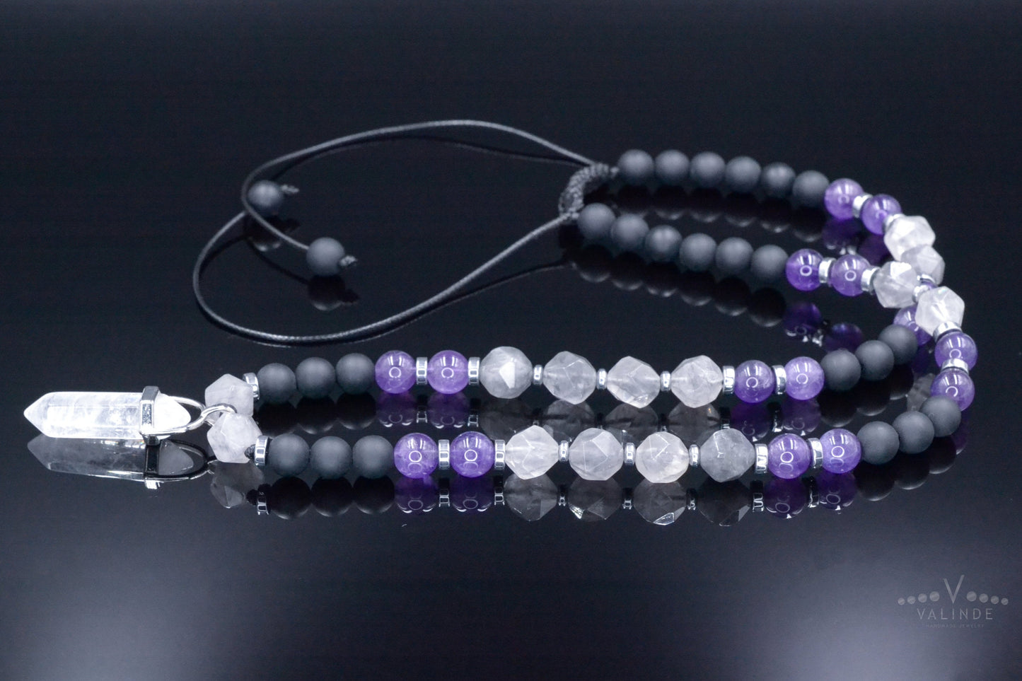 Amethyst Quartz Beaded Necklace - Men's Crystal Pendant Necklace - Gemstone Black Onyx Adjustable Necklace - Short Necklace - Gift for Men - Shamballa Necklace - Birthstone Necklace - Gemstone Necklace Men - Chakra Necklace - Macrame Necklace - Healing Necklace - Valinde