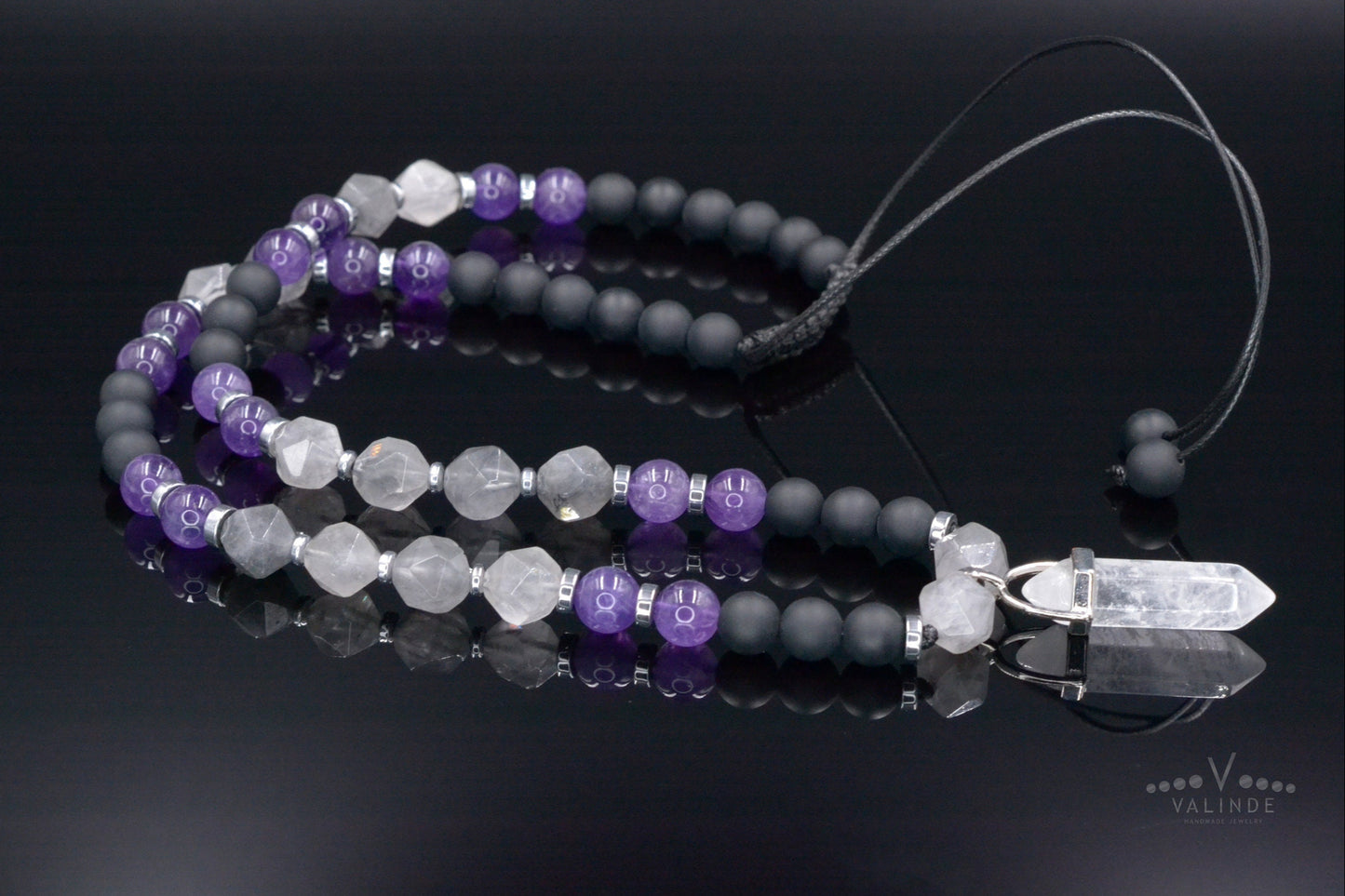 Amethyst Quartz Beaded Necklace - Men's Crystal Pendant Necklace - Gemstone Black Onyx Adjustable Necklace - Short Necklace - Gift for Men - Shamballa Necklace - Birthstone Necklace - Gemstone Necklace Men - Chakra Necklace - Macrame Necklace - Healing Necklace - Valinde