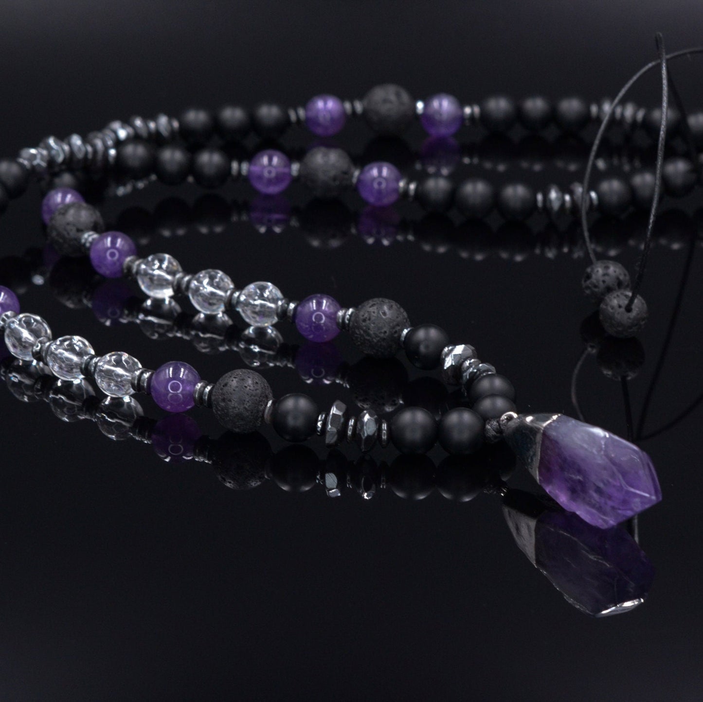 Men's Amethyst Adjustable Necklace - Raw Crystal Pendant Necklace - Black Onyx Lava Stone Necklace - Long Beaded Necklace - Gift for Men - Shamballa Necklace - Birthstone Necklace - Gemstone Necklace Men - Chakra Necklace - Macrame Necklace - Healing Necklace - Valinde
