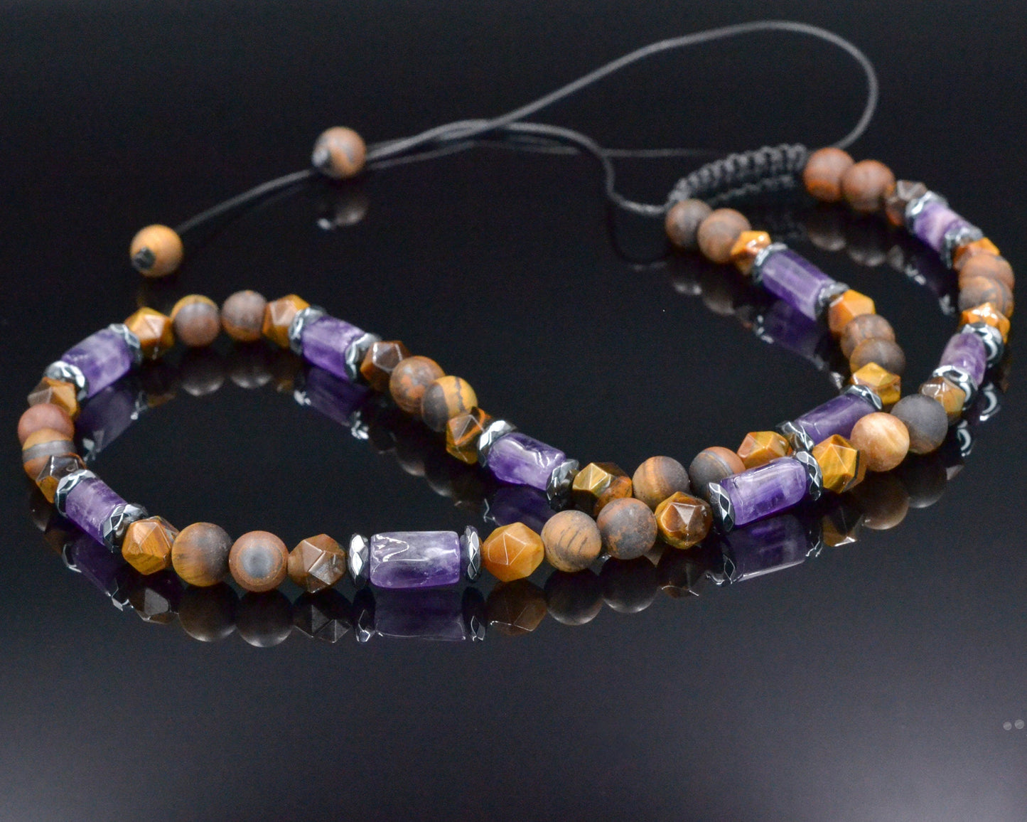 Men's Tiger's Eye Short Beaded Necklace, Amethyst Crystal Adjustable Necklace, Gift for Men, Gemstone Tiger Eye Necklace, Birthday Gift - Shamballa Necklace - Birthstone Necklace - Gemstone Necklace Men - Chakra Necklace - Yoga Necklace - Mantra Necklace -Macrame Necklace - Healing Necklace - Valinde