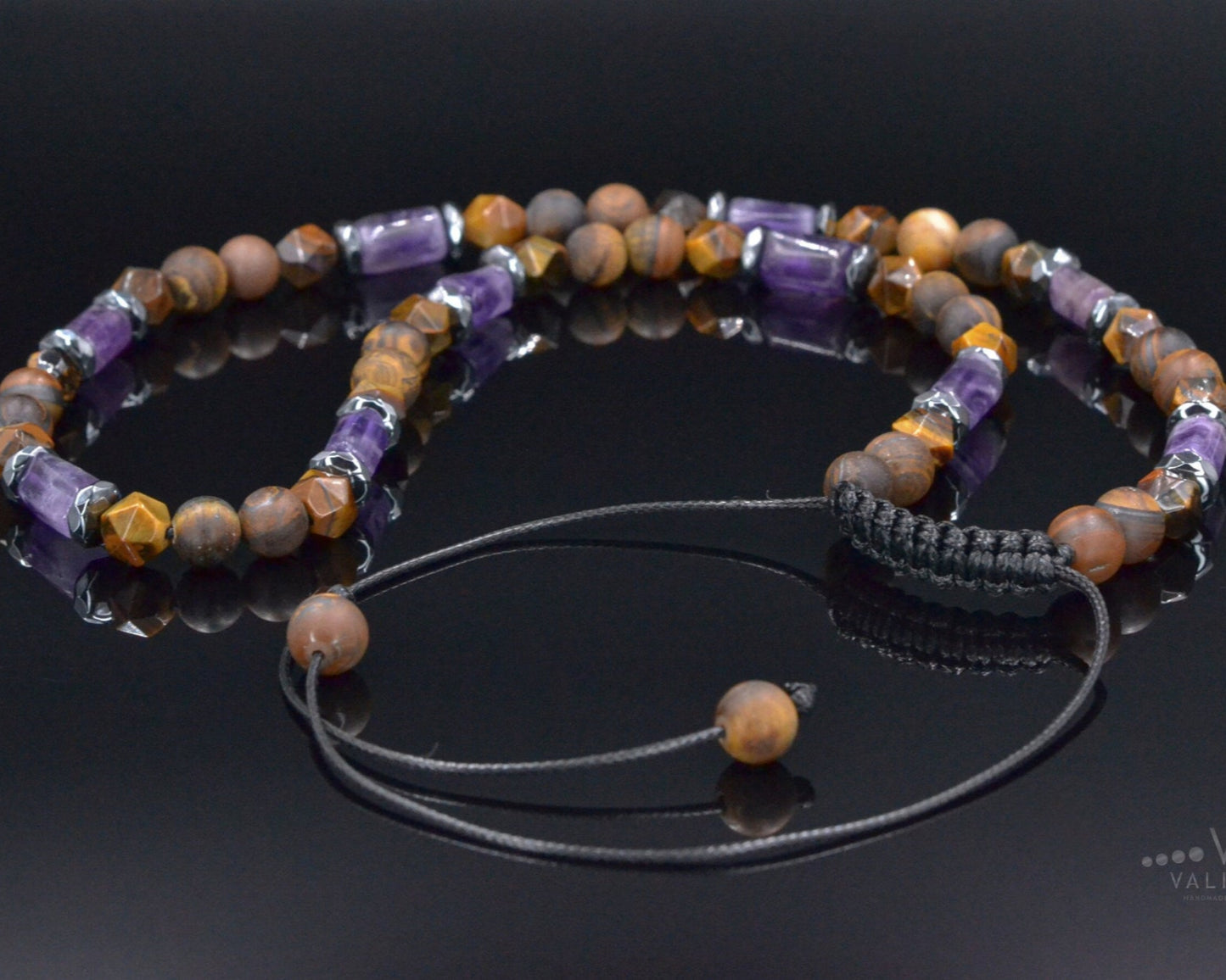 Men's Tiger's Eye Short Beaded Necklace, Amethyst Crystal Adjustable Necklace, Gift for Men, Gemstone Tiger Eye Necklace, Birthday Gift - Shamballa Necklace - Birthstone Necklace - Gemstone Necklace Men - Chakra Necklace - Yoga Necklace - Mantra Necklace -Macrame Necklace - Healing Necklace - Valinde