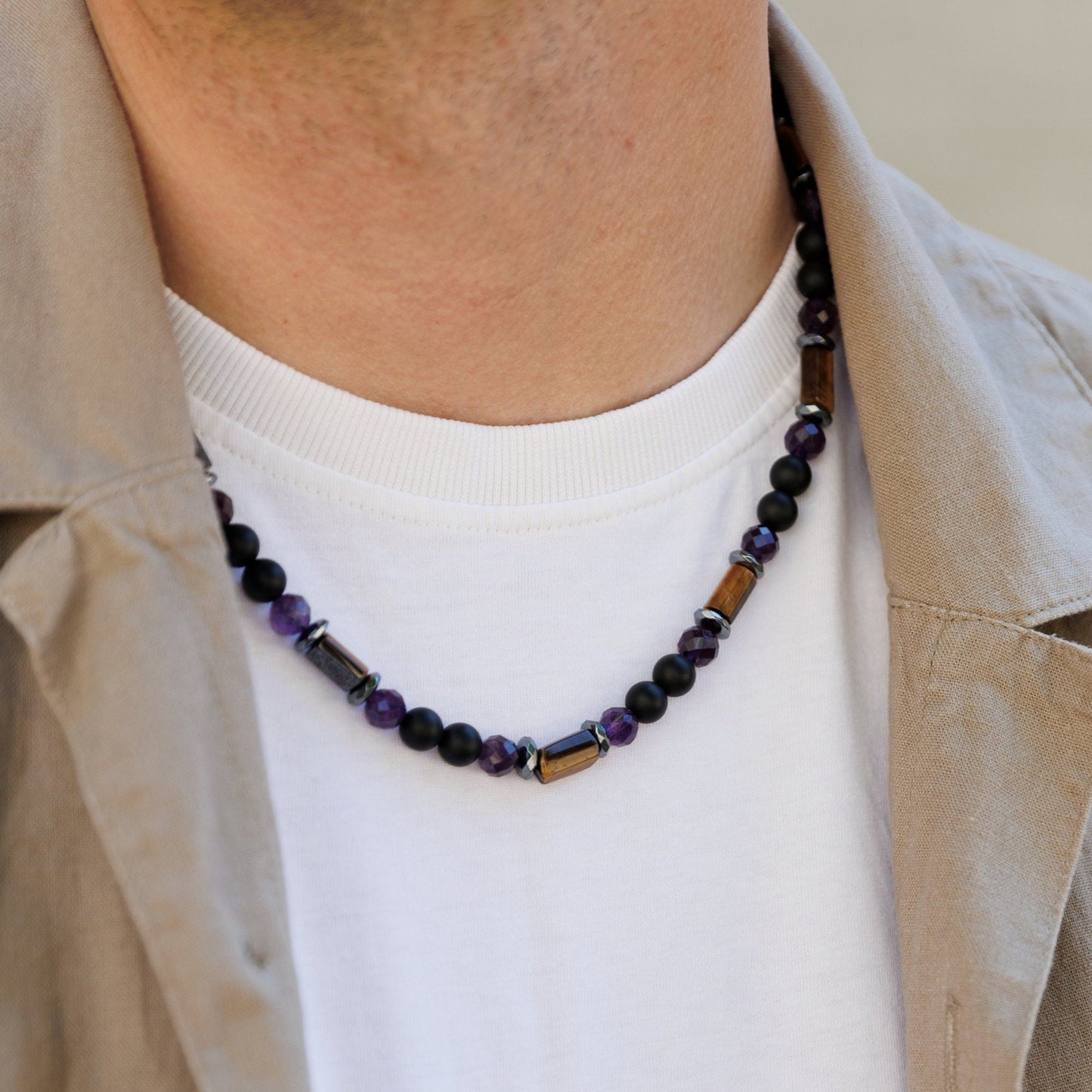 Tiger's Eye Amethyst Necklace, Men's Black Onyx Beads Necklace, Short Summer Necklace, Gift for Men, Father's Day Gift, Adjustable Necklace- Shamballa Necklace - Birthstone Necklace - Gemstone Necklace Men - Chakra Necklace - Macrame Necklace - Healing Necklace - Valinde