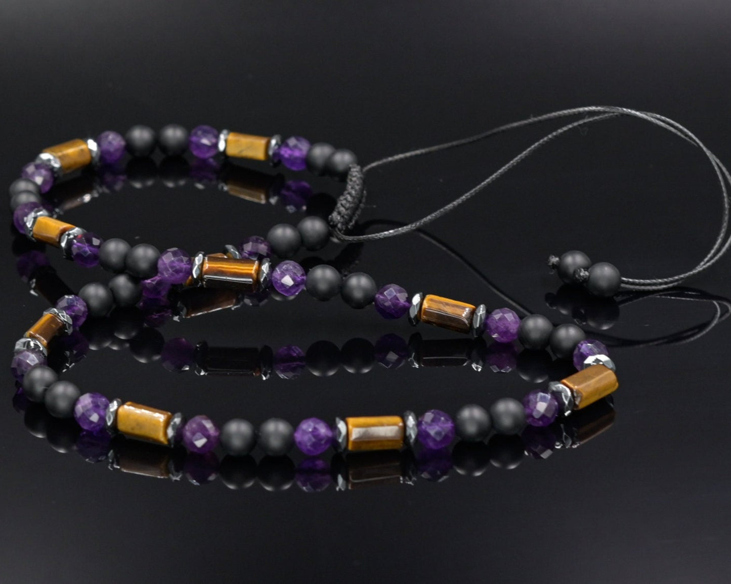 Tiger's Eye Amethyst Necklace, Men's Black Onyx Beads Necklace, Short Summer Necklace, Gift for Men, Father's Day Gift, Adjustable Necklace- Shamballa Necklace - Birthstone Necklace - Gemstone Necklace Men - Chakra Necklace - Macrame Necklace - Healing Necklace - Valinde