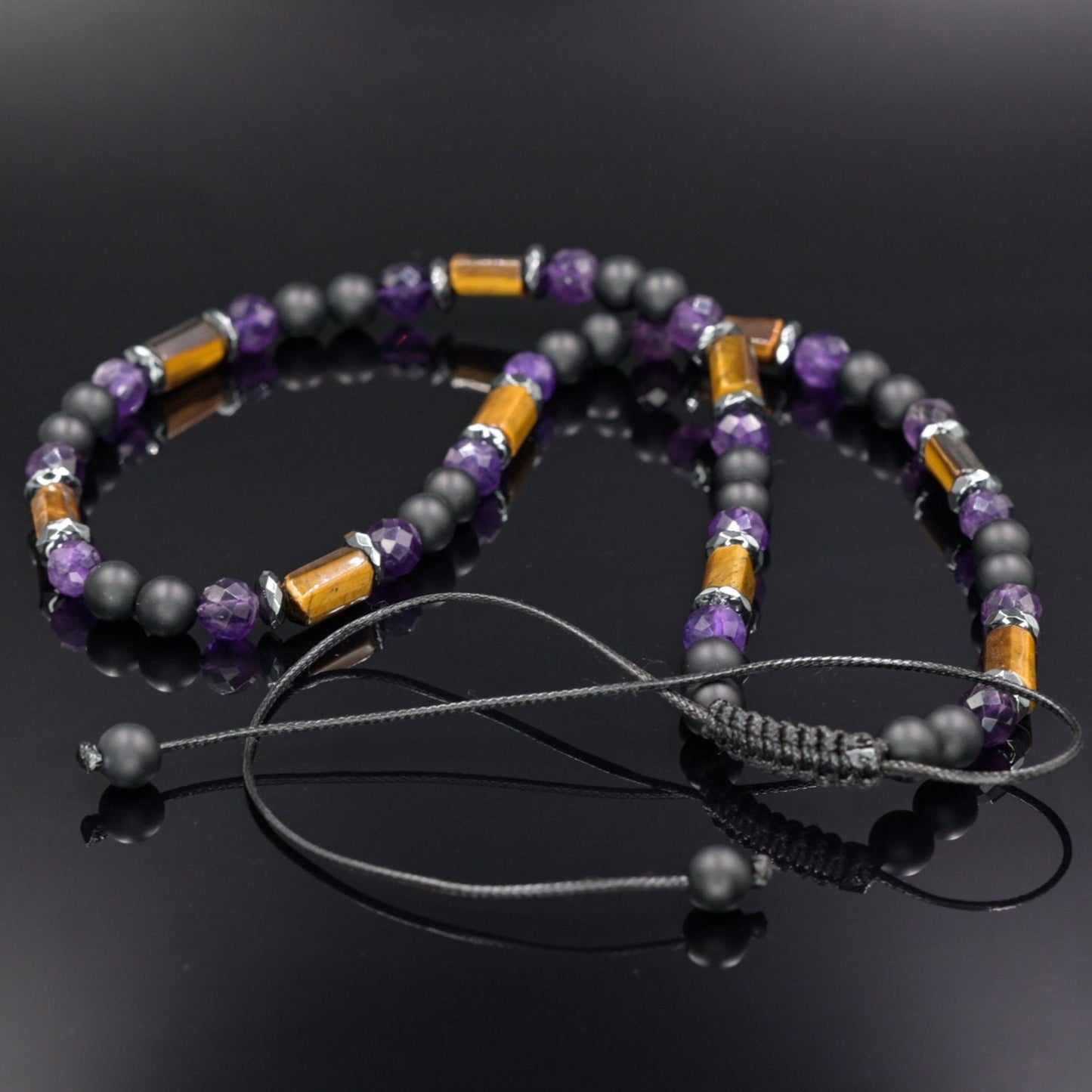 Tiger's Eye Amethyst Necklace, Men's Black Onyx Beads Necklace, Short Summer Necklace, Gift for Men, Father's Day Gift, Adjustable Necklace- Shamballa Necklace - Birthstone Necklace - Gemstone Necklace Men - Chakra Necklace - Macrame Necklace - Healing Necklace - Valinde