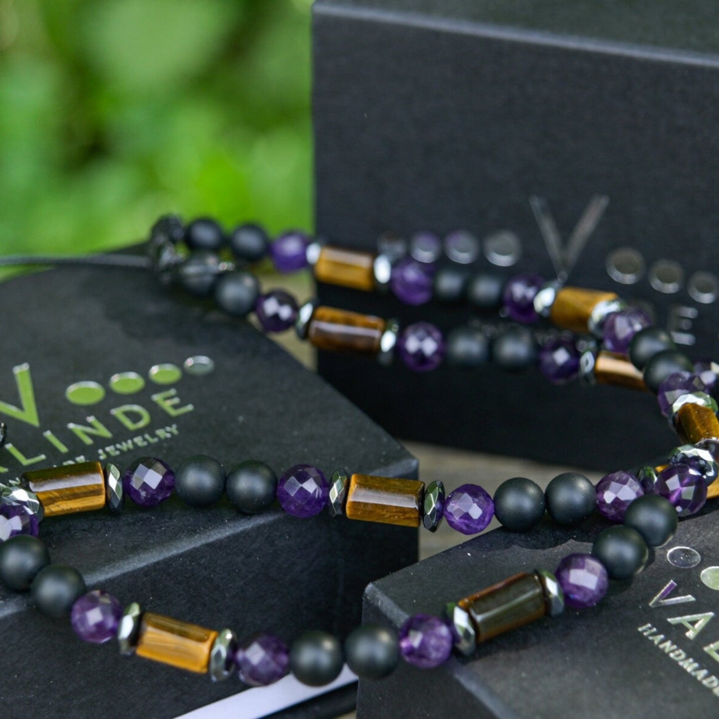 Tiger's Eye Amethyst Necklace, Men's Black Onyx Beads Necklace, Short Summer Necklace, Gift for Men, Father's Day Gift, Adjustable Necklace- Shamballa Necklace - Birthstone Necklace - Gemstone Necklace Men - Chakra Necklace - Macrame Necklace - Healing Necklace - Valinde