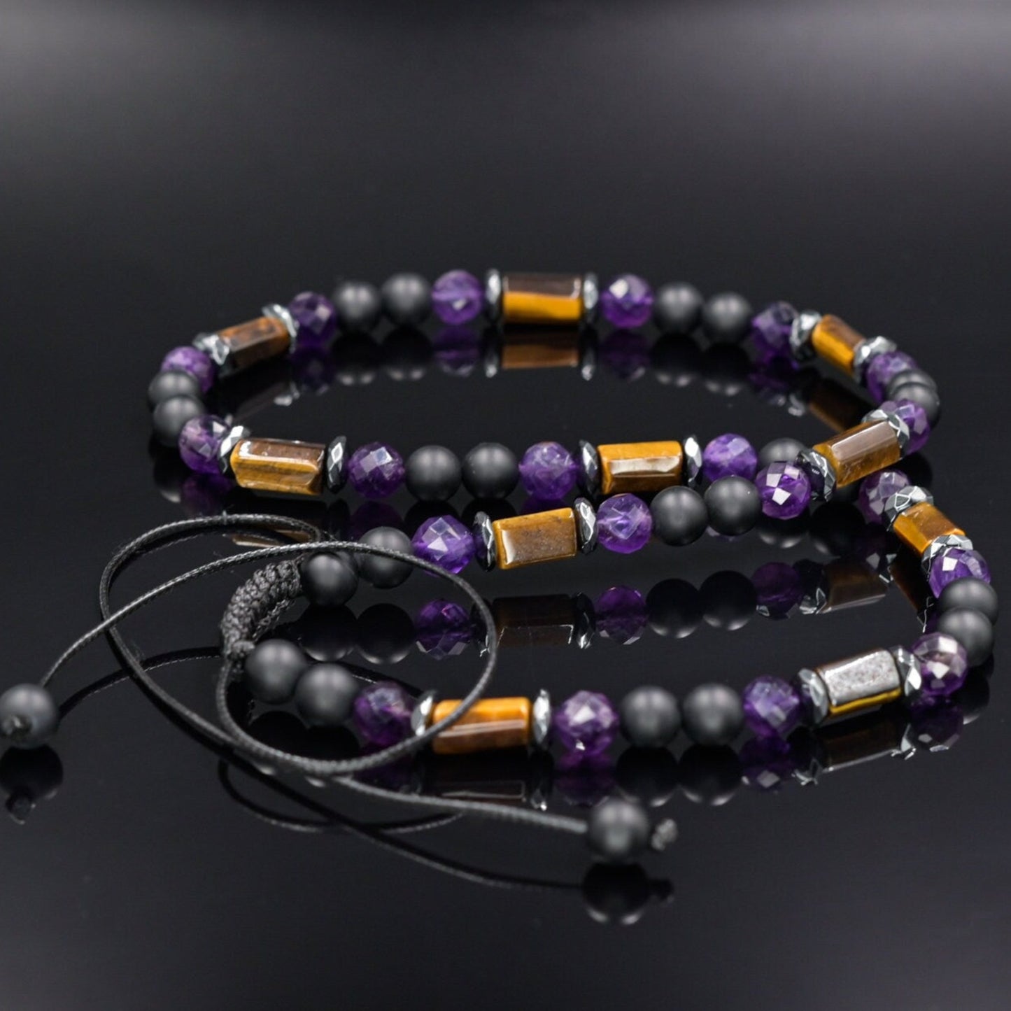 Tiger's Eye Amethyst Necklace, Men's Black Onyx Beads Necklace, Short Summer Necklace, Gift for Men, Father's Day Gift, Adjustable Necklace- Shamballa Necklace - Birthstone Necklace - Gemstone Necklace Men - Chakra Necklace - Macrame Necklace - Healing Necklace - Valinde