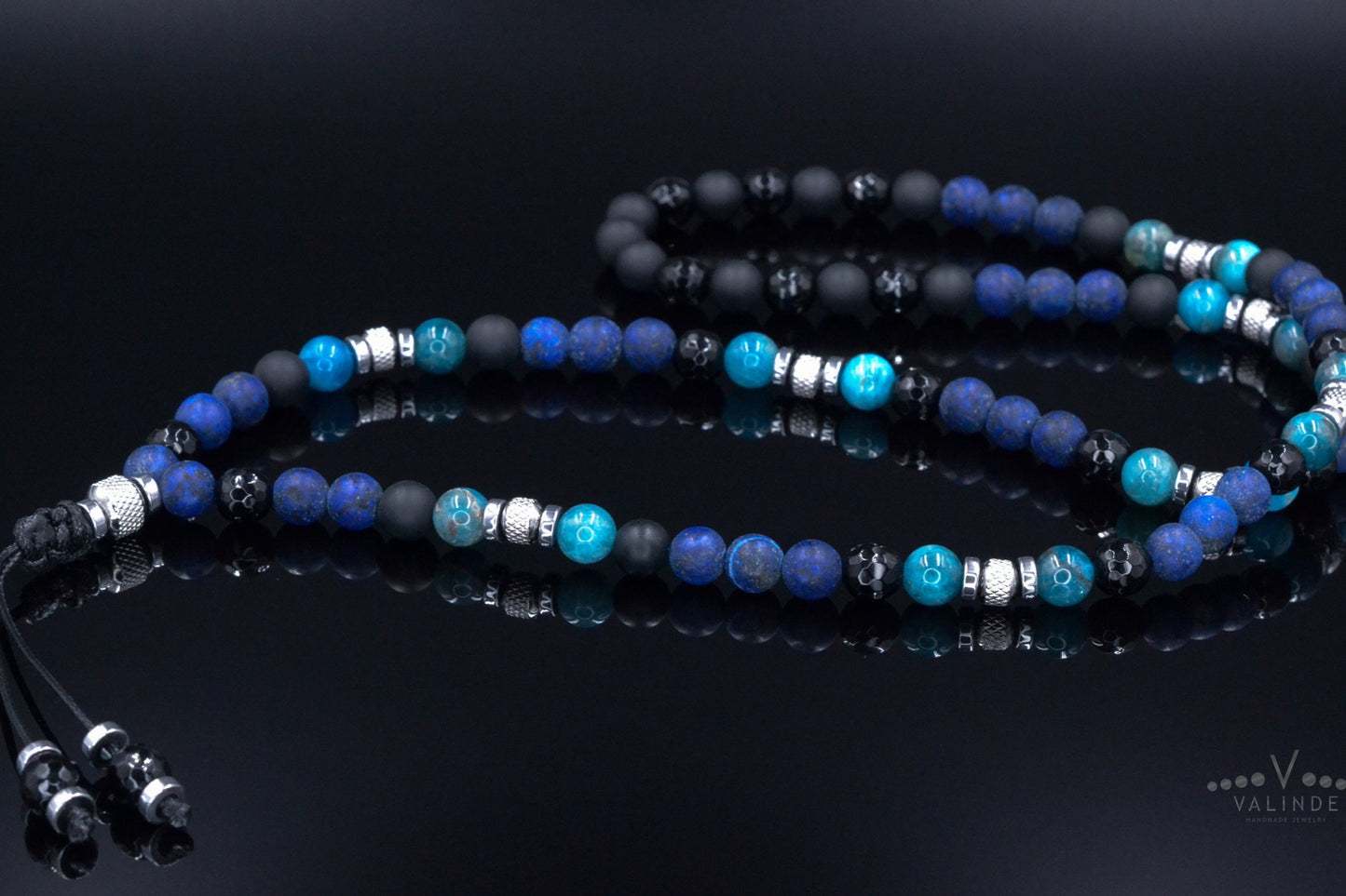 Lapis Lazuli Apatite Crystal Necklace for Men - Men's Long Beaded Necklace - Black Onyx Necklace - Gift for Men - Steel Beads Necklace - Shamballa Necklace - Birthstone Necklace - Gemstone Necklace Men - Chakra Necklace - Macrame Necklace - Healing Necklace - Valinde