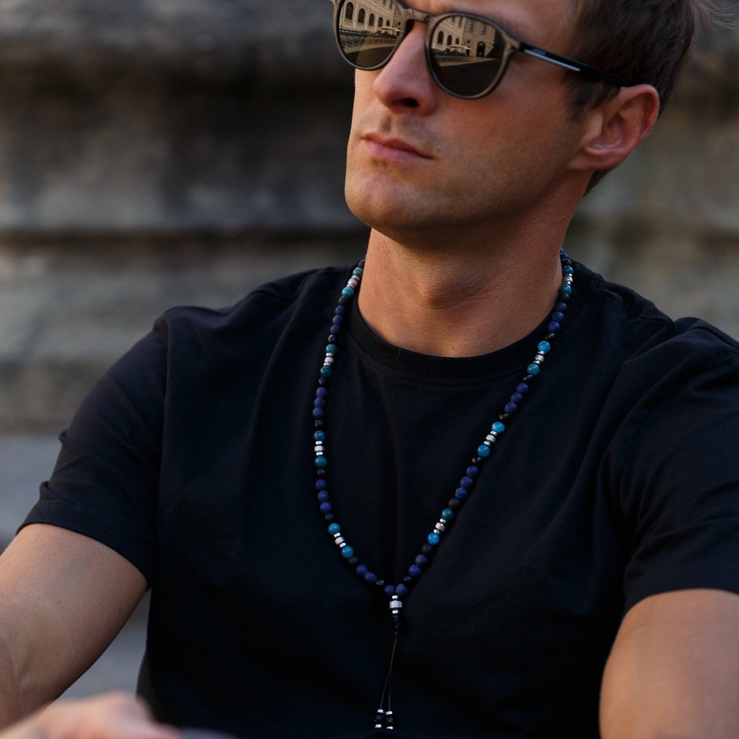 Lapis Lazuli Apatite Crystal Necklace for Men - Men's Long Beaded Necklace - Black Onyx Necklace - Gift for Men - Steel Beads Necklace - Shamballa Necklace - Birthstone Necklace - Gemstone Necklace Men - Chakra Necklace - Macrame Necklace - Healing Necklace - Valinde