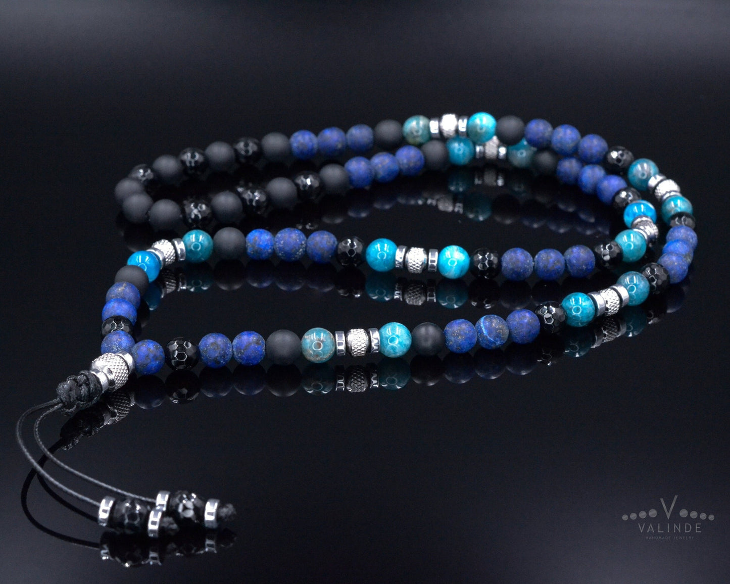 Lapis Lazuli Apatite Crystal Necklace for Men - Men's Long Beaded Necklace - Black Onyx Necklace - Gift for Men - Steel Beads Necklace - Shamballa Necklace - Birthstone Necklace - Gemstone Necklace Men - Chakra Necklace - Macrame Necklace - Healing Necklace - Valinde