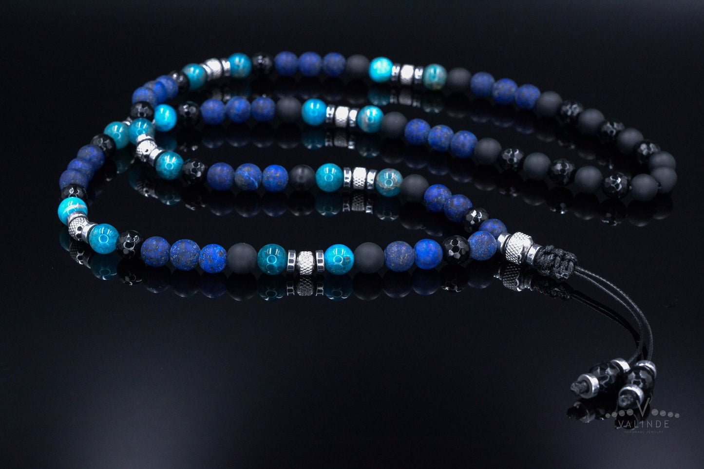 Lapis Lazuli Apatite Crystal Necklace for Men - Men's Long Beaded Necklace - Black Onyx Necklace - Gift for Men - Steel Beads Necklace - Shamballa Necklace - Birthstone Necklace - Gemstone Necklace Men - Chakra Necklace - Macrame Necklace - Healing Necklace - Valinde
