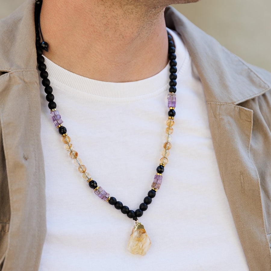 Men Gemstone Necklace - Ametrine Citrine Onyx - Handmade Jewelry - Birthstone Necklace - Shamballa Necklace - Birthstone Necklace - Gemstone Necklace Men - Chakra Necklace - Macrame Necklace - Healing Necklace - Valinde