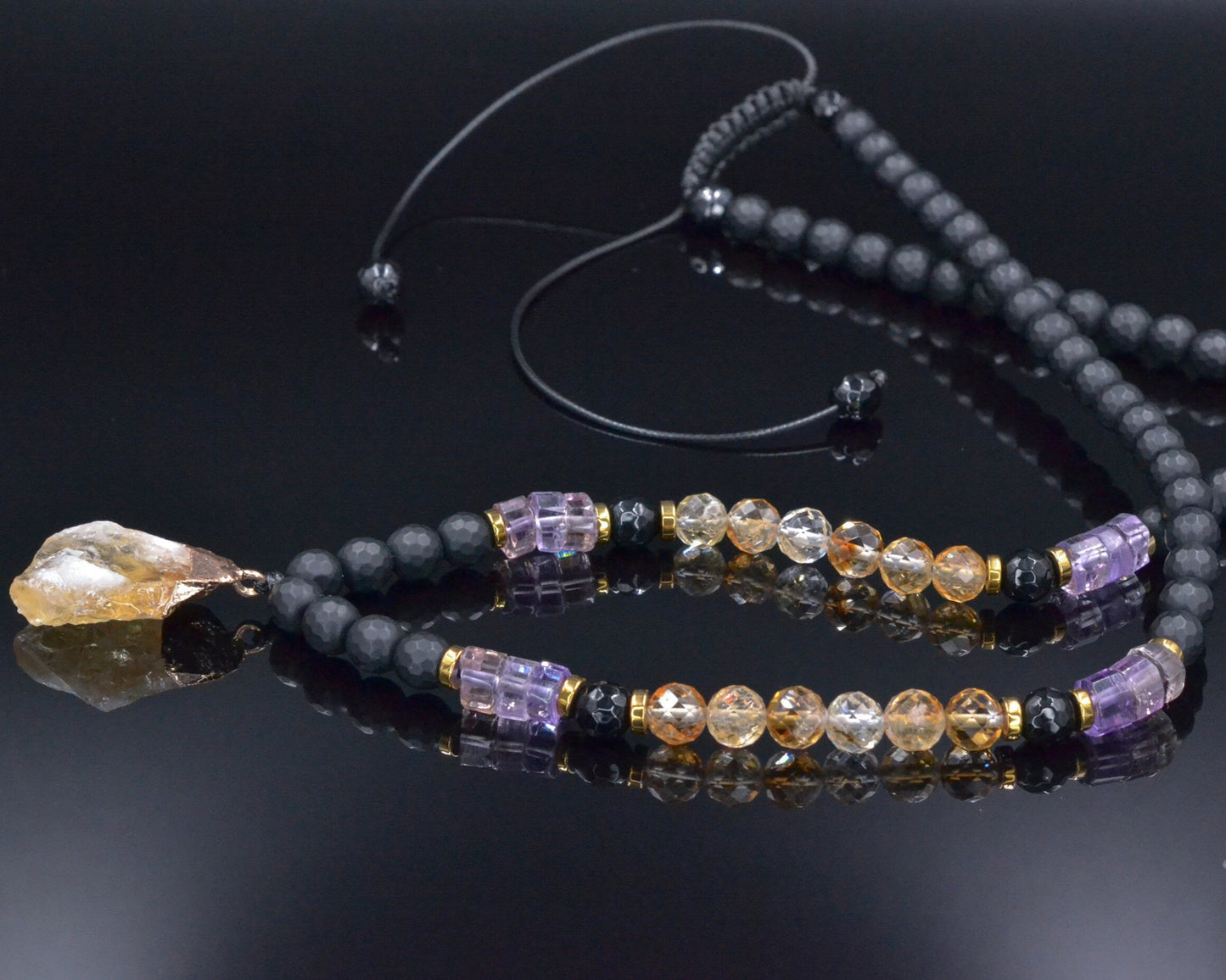 Men Gemstone Necklace - Ametrine Citrine Onyx - Handmade Jewelry - Birthstone Necklace - Shamballa Necklace - Birthstone Necklace - Gemstone Necklace Men - Chakra Necklace - Macrame Necklace - Healing Necklace - Valinde