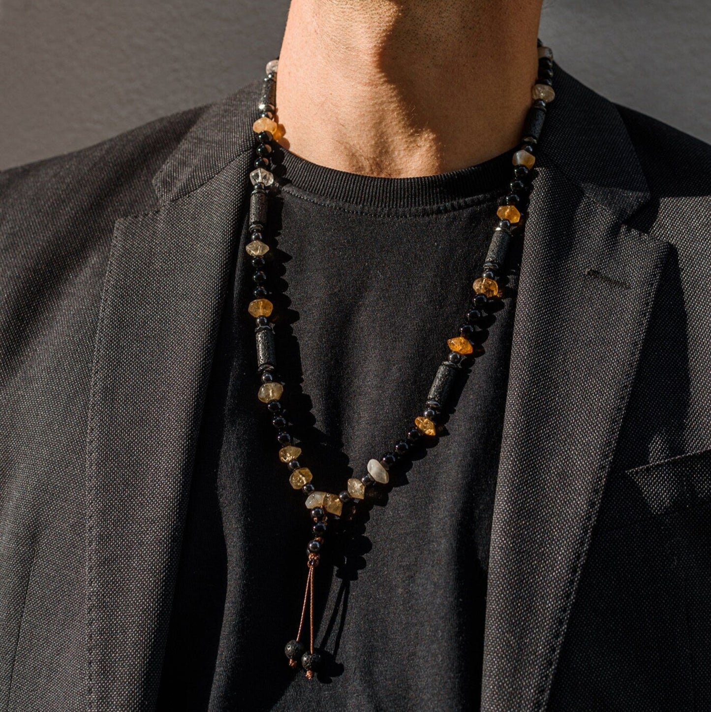 Men's Citrine Necklace Long Crystal Beaded Necklace Lava Stone Necklace Gift for Men Black Agate and Hematite Gemstone Necklace Gift for Man - Shamballa Necklace - Birthstone Necklace - Gemstone Necklace Men - Chakra Necklace - Yoga Necklace - Mantra Necklace -Macrame Necklace - Healing Necklace - Valinde