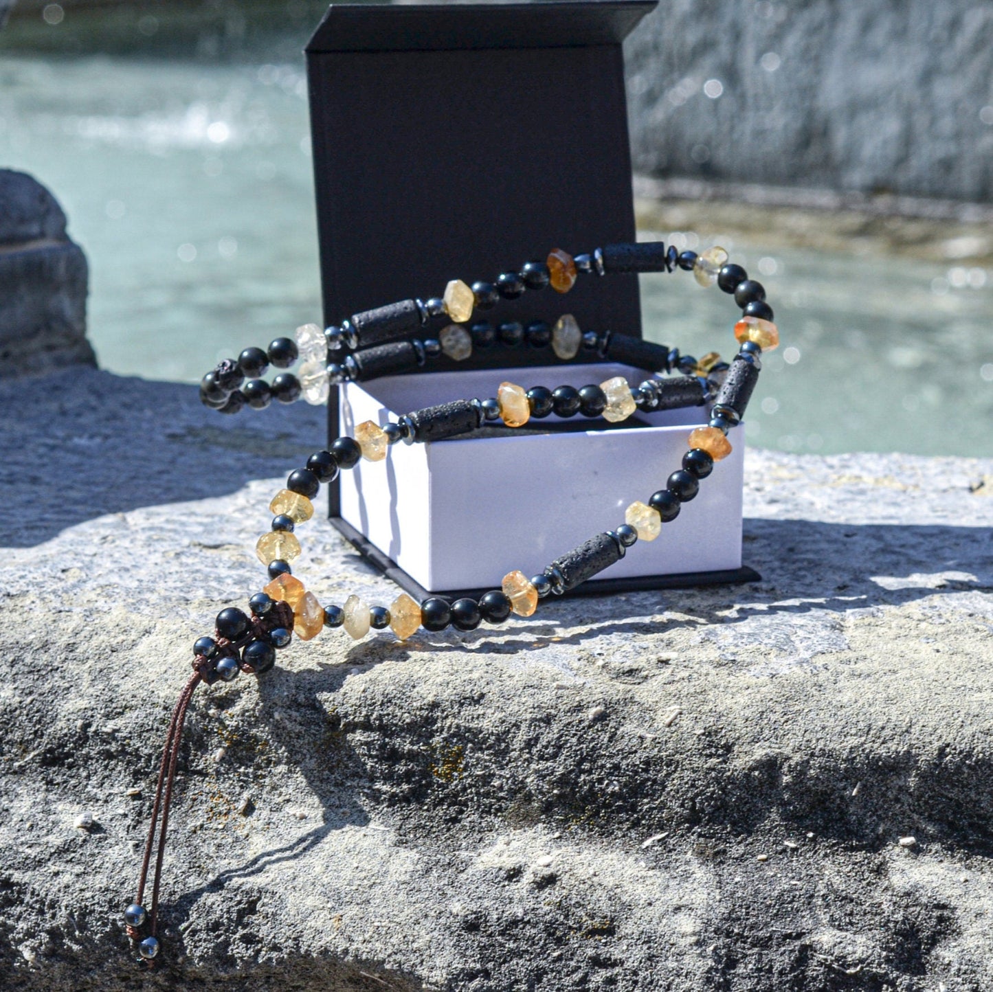 Men's Citrine Necklace Long Crystal Beaded Necklace Lava Stone Necklace Gift for Men Black Agate and Hematite Gemstone Necklace Gift for Man - Shamballa Necklace - Birthstone Necklace - Gemstone Necklace Men - Chakra Necklace - Yoga Necklace - Mantra Necklace -Macrame Necklace - Healing Necklace - Valinde