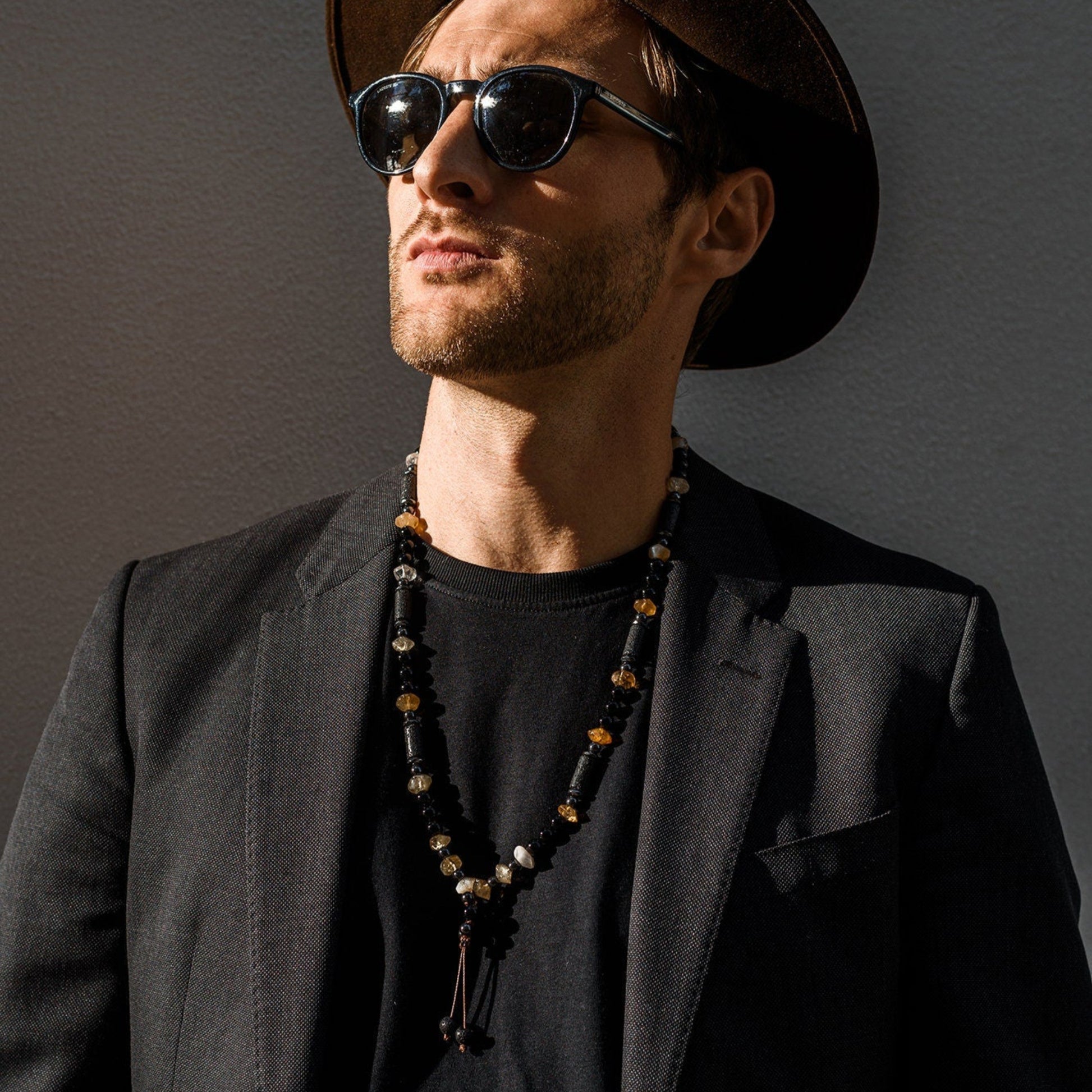 Men's Citrine Necklace Long Crystal Beaded Necklace Lava Stone Necklace Gift for Men Black Agate and Hematite Gemstone Necklace Gift for Man - Shamballa Necklace - Birthstone Necklace - Gemstone Necklace Men - Chakra Necklace - Yoga Necklace - Mantra Necklace -Macrame Necklace  - Healing Necklace - Valinde