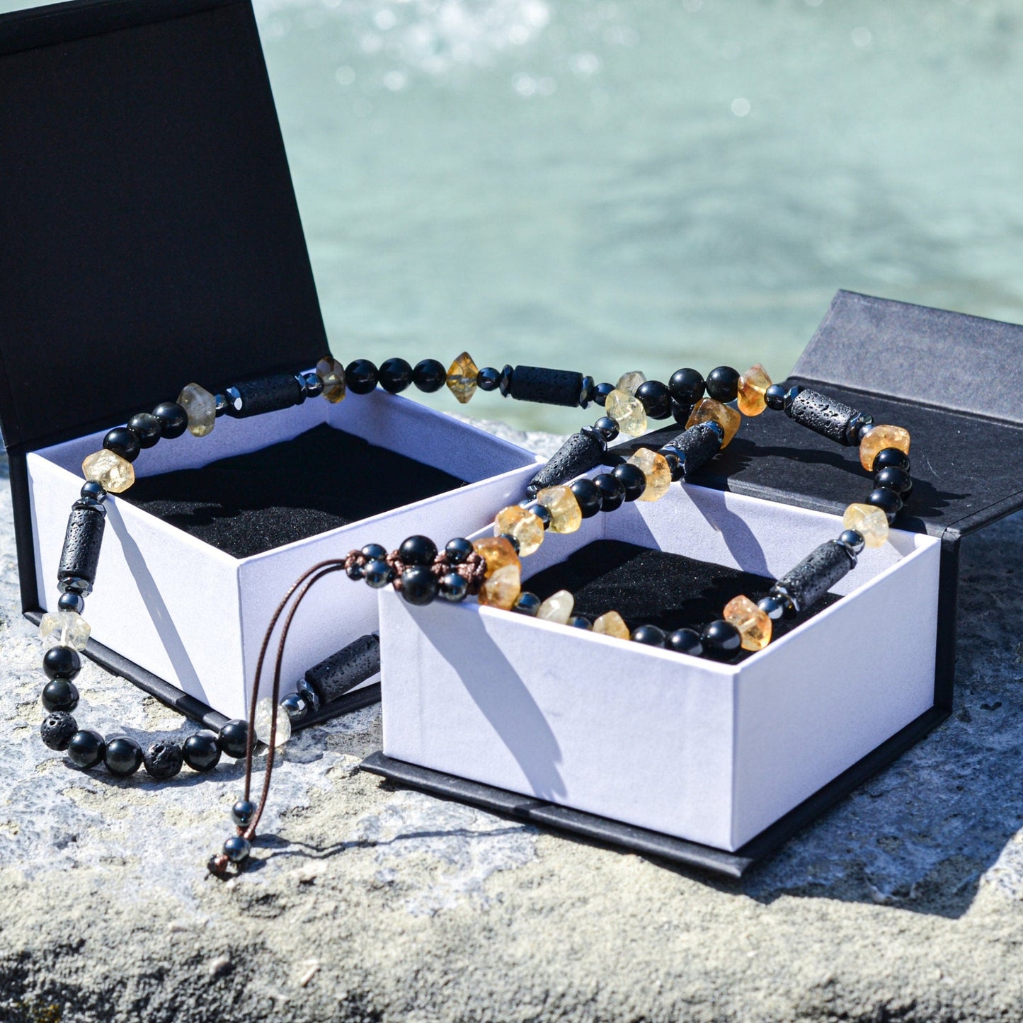 Men's Citrine Necklace Long Crystal Beaded Necklace Lava Stone Necklace Gift for Men Black Agate and Hematite Gemstone Necklace Gift for Man - Shamballa Necklace - Birthstone Necklace - Gemstone Necklace Men - Chakra Necklace - Yoga Necklace - Mantra Necklace -Macrame Necklace - Healing Necklace - Valinde