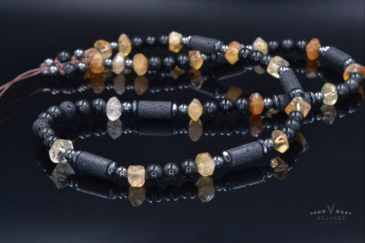 Men's Citrine Necklace Long Crystal Beaded Necklace Lava Stone Necklace Gift for Men Black Agate and Hematite Gemstone Necklace Gift for Man - Shamballa Necklace - Birthstone Necklace - Gemstone Necklace Men - Chakra Necklace - Yoga Necklace - Mantra Necklace -Macrame Necklace - Healing Necklace - Valinde