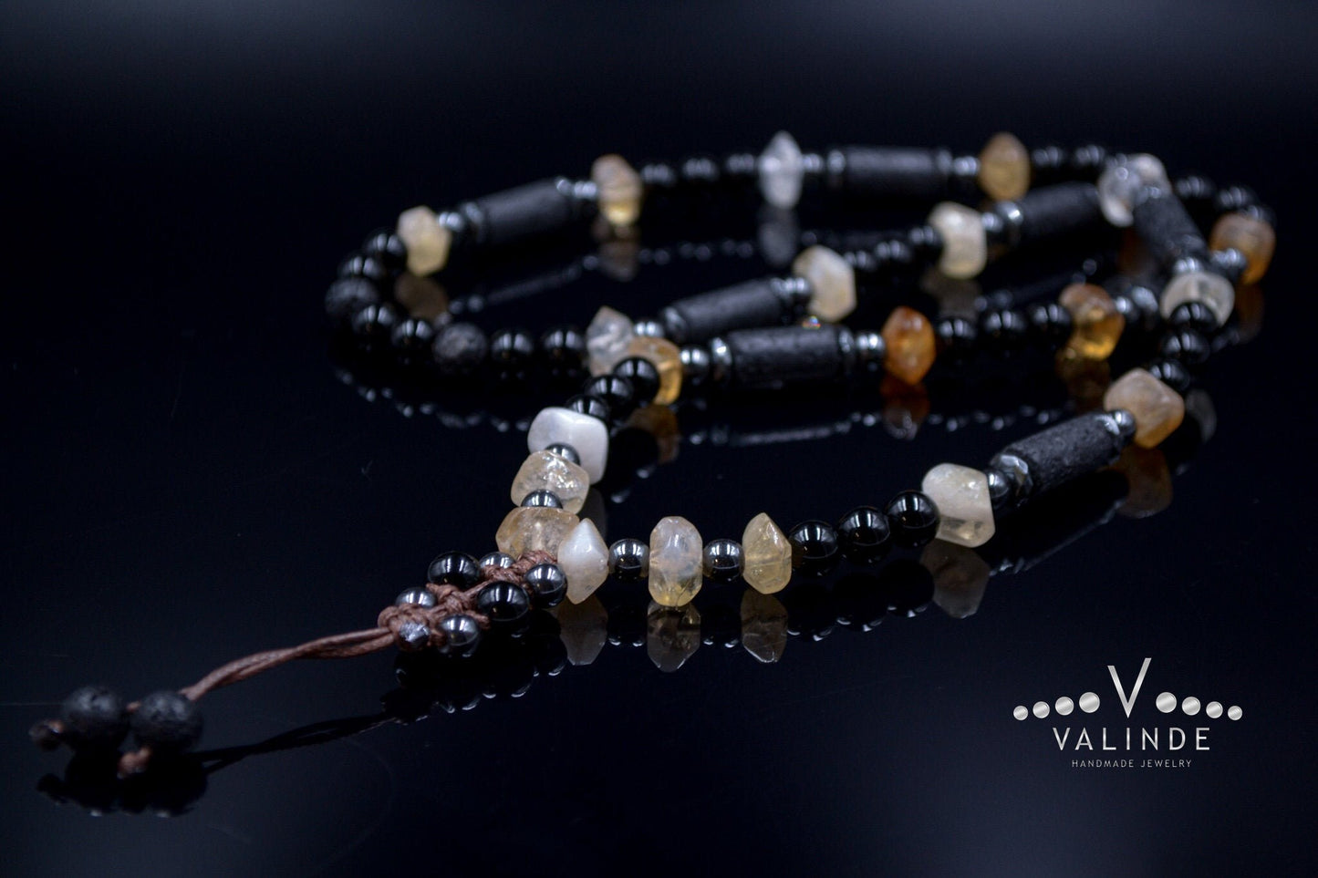 Men's Citrine Necklace Long Crystal Beaded Necklace Lava Stone Necklace Gift for Men Black Agate and Hematite Gemstone Necklace Gift for Man - Shamballa Necklace - Birthstone Necklace - Gemstone Necklace Men - Chakra Necklace - Yoga Necklace - Mantra Necklace -Macrame Necklace - Healing Necklace - Valinde