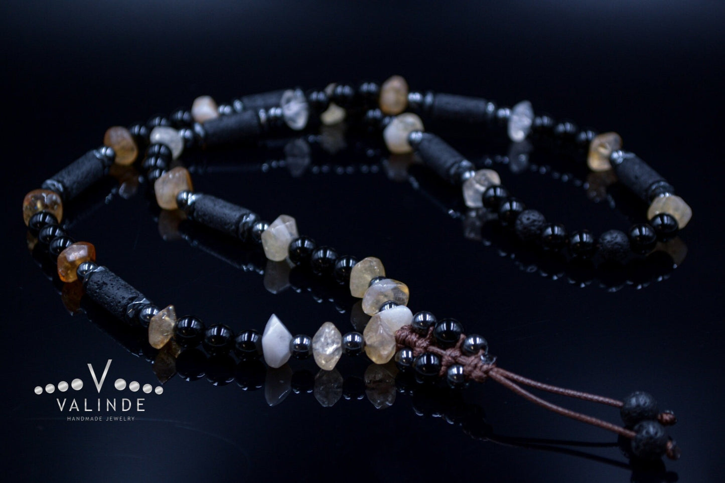 Men's Citrine Necklace Long Crystal Beaded Necklace Lava Stone Necklace Gift for Men Black Agate and Hematite Gemstone Necklace Gift for Man - Shamballa Necklace - Birthstone Necklace - Gemstone Necklace Men - Chakra Necklace - Yoga Necklace - Mantra Necklace -Macrame Necklace - Healing Necklace - Valinde