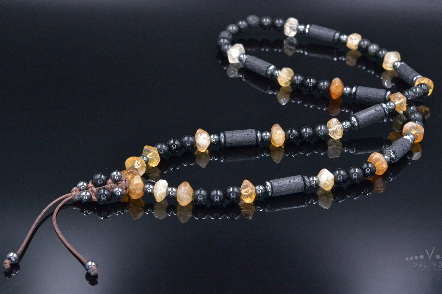 Men's Citrine Necklace Long Crystal Beaded Necklace Lava Stone Necklace Gift for Men Black Agate and Hematite Gemstone Necklace Gift for Man - Shamballa Necklace - Birthstone Necklace - Gemstone Necklace Men - Chakra Necklace - Yoga Necklace - Mantra Necklace -Macrame Necklace - Healing Necklace - Valinde