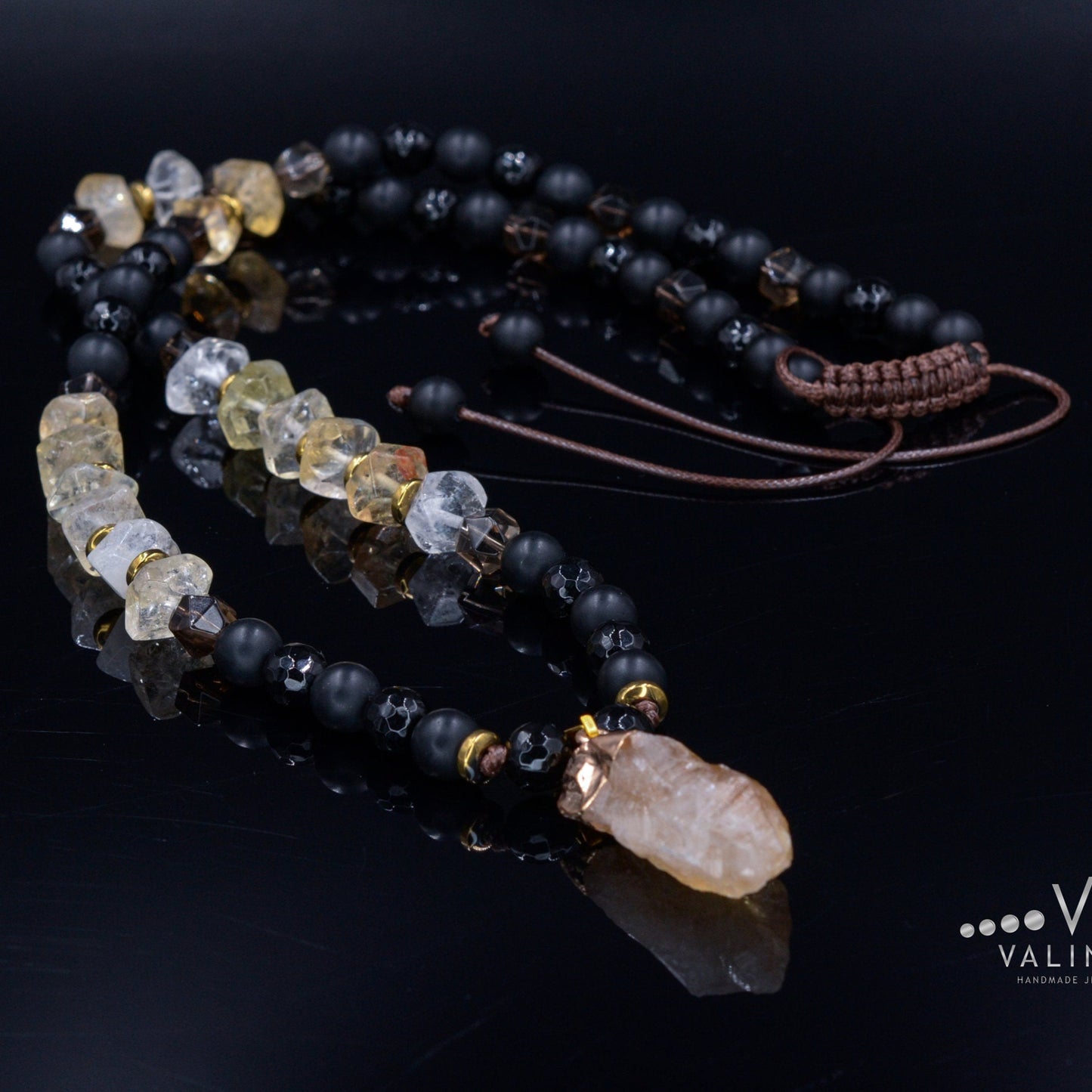 Raw Citrine Pendant Necklace - Men's Long Citrine Crystal Necklace - Black Agate & Onyx Beads Necklace - Gift for Men - Man Stone Necklace - - Shamballa Necklace - Birthstone Necklace - Gemstone Necklace Men - Chakra Necklace - Macrame Necklace - Healing Necklace - Valinde