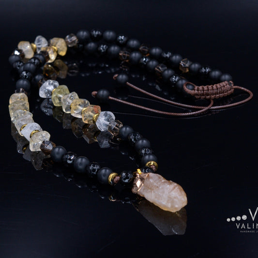 Raw Citrine Pendant Necklace - Men's Long Citrine Crystal Necklace - Black Agate & Onyx Beads Necklace - Gift for Men - Man Stone Necklace - - Shamballa Necklace - Birthstone Necklace - Gemstone Necklace Men - Chakra Necklace - Macrame Necklace  - Healing Necklace - Valinde