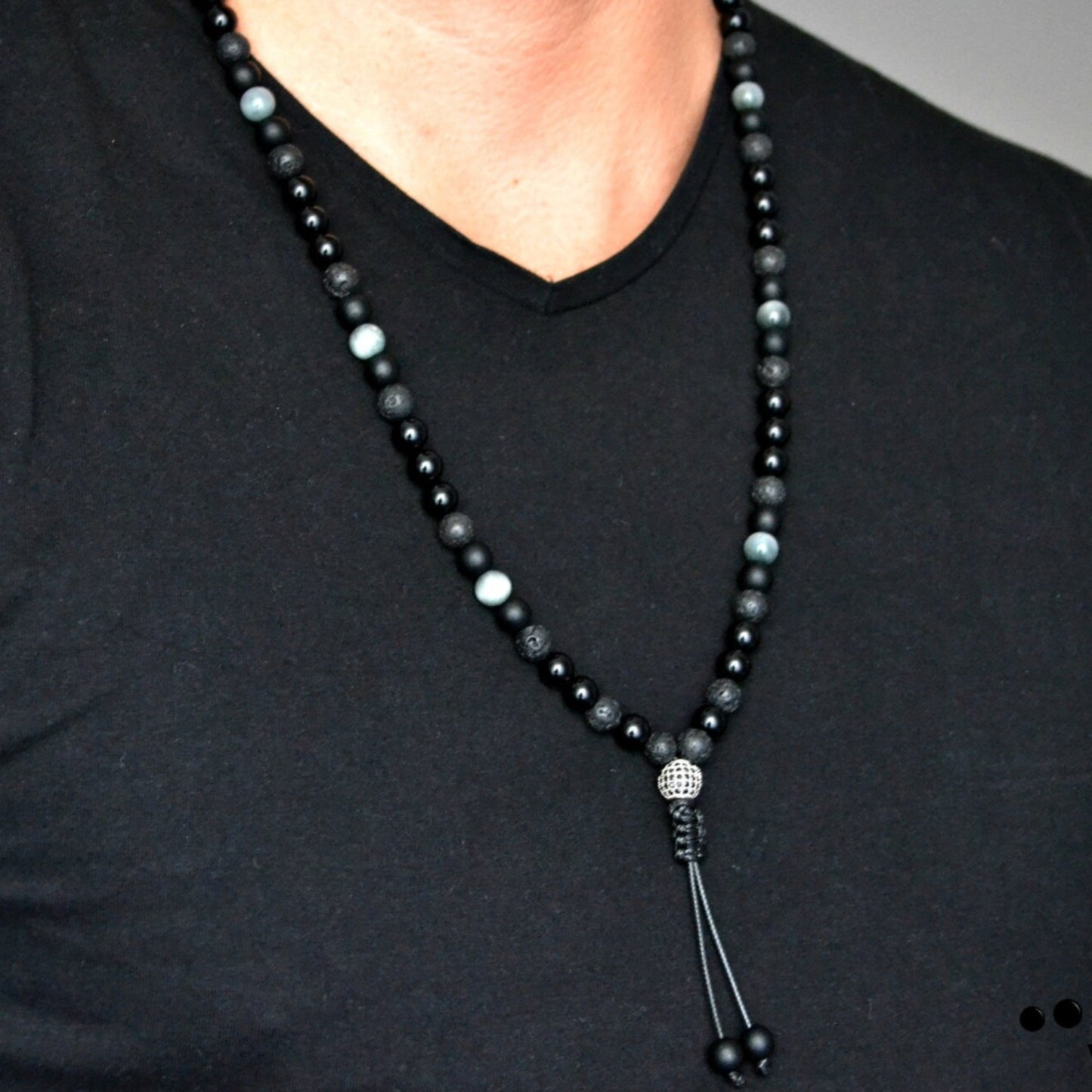 Men's Hawk's Eye Crystal Necklace Cubic Zirconia Bead Necklace Long Necklace Black Agate Necklace Lava Stone Necklace Gift for Men - Shamballa Necklace - Birthstone Necklace - Gemstone Necklace Men - Chakra Necklace - Yoga Necklace - Mantra Necklace -Macrame Necklace - Healing Necklace - Valinde