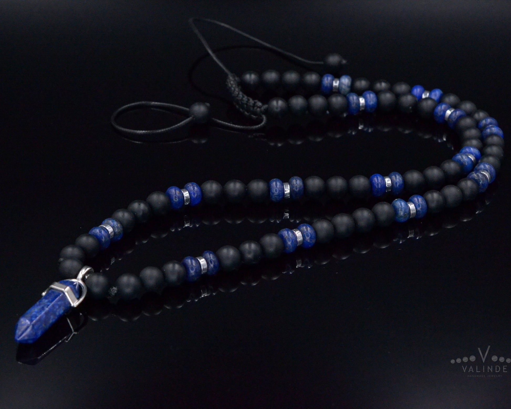 Men's Lapis Lazuli Pendant Necklace - Black Onyx Bead Necklace - Gift for Men - Long Crystal Necklace - Adjustable Necklace - Man Necklace- Shamballa Necklace - Birthstone Necklace - Gemstone Necklace Men - Chakra Necklace - Macrame Necklace  - Healing Necklace - Valinde