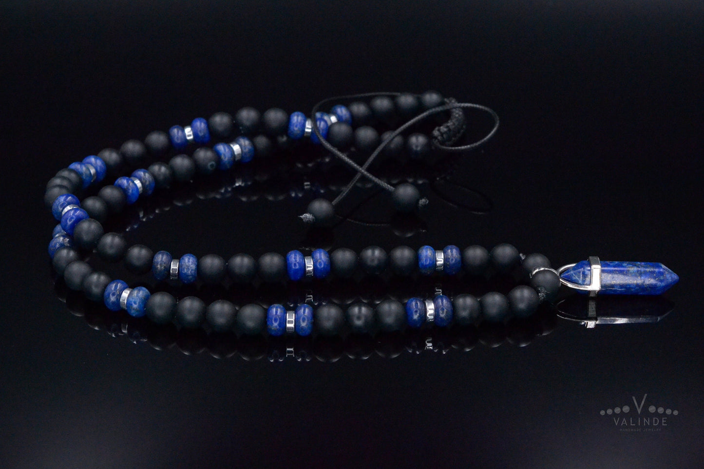 Men's Lapis Lazuli Pendant Necklace - Black Onyx Bead Necklace - Gift for Men - Long Crystal Necklace - Adjustable Necklace - Man Necklace- Shamballa Necklace - Birthstone Necklace - Gemstone Necklace Men - Chakra Necklace - Macrame Necklace - Healing Necklace - Valinde