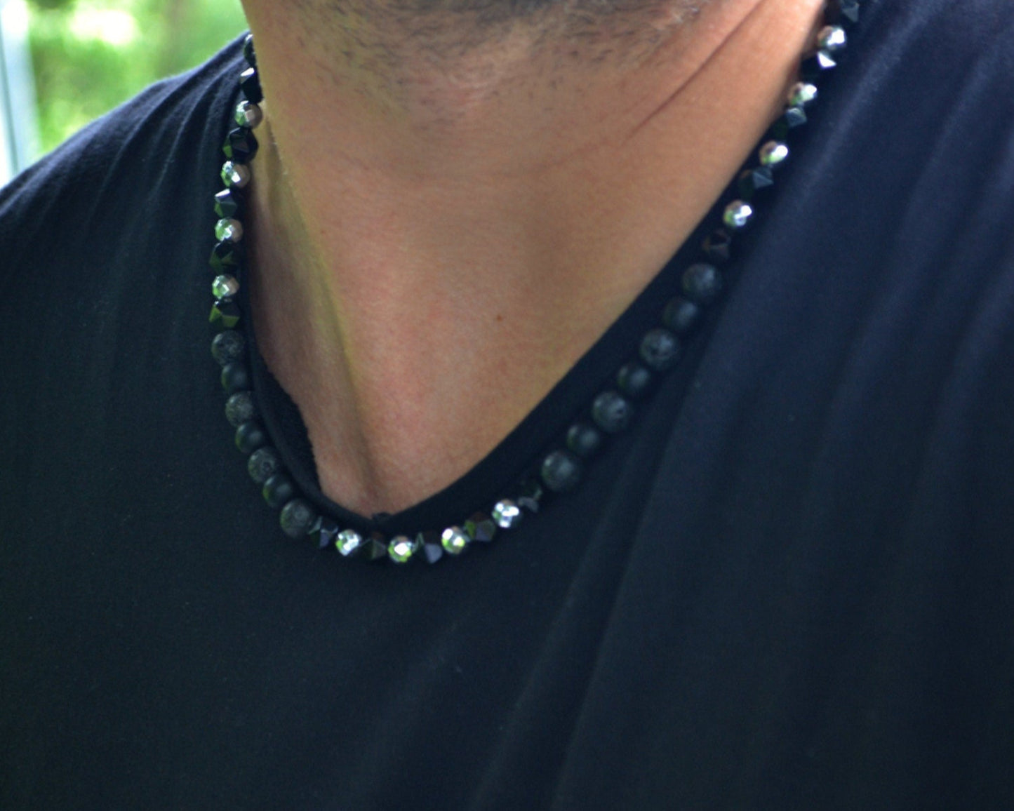 Men's Raw Agate Short Necklace Hematite Necklace Onyx Beaded Necklace Gift for Men Surfer Necklace Gemstone Crystal Necklace Lava Necklace - Shamballa Necklace - Birthstone Necklace - Gemstone Necklace Men - Chakra Necklace - Yoga Necklace - Mantra Necklace -Macrame Necklace - Healing Necklace - Valinde