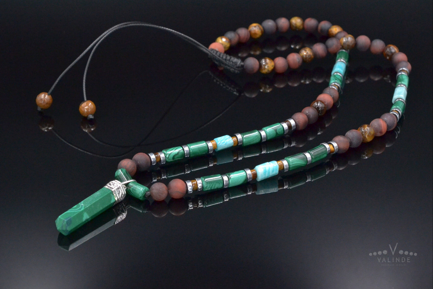Genuine Malachite Pendant Necklace, Long Malachite Tiger's Eye Beaded Necklace, Gift for Men, Adjustable Crystal Necklace, Stone Necklace - Shamballa Necklace - Birthstone Necklace - Gemstone Necklace Men - Chakra Necklace - Yoga Necklace - Mantra Necklace -Macrame Necklace - Healing Necklace - Valinde