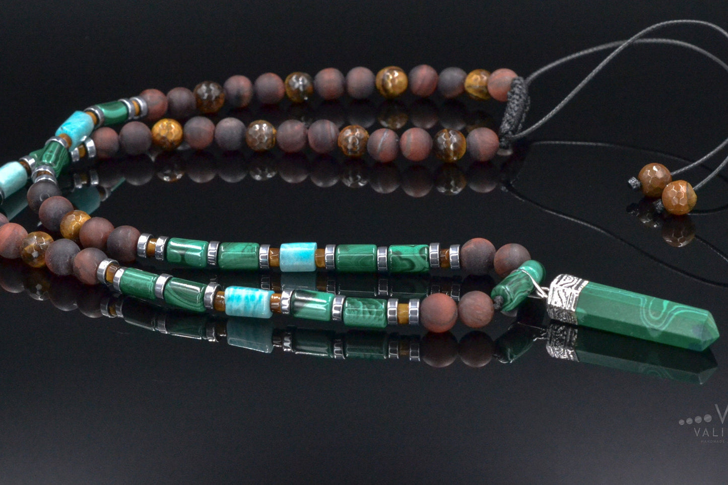 Genuine Malachite Pendant Necklace, Long Malachite Tiger's Eye Beaded Necklace, Gift for Men, Adjustable Crystal Necklace, Stone Necklace - Shamballa Necklace - Birthstone Necklace - Gemstone Necklace Men - Chakra Necklace - Yoga Necklace - Mantra Necklace -Macrame Necklace - Healing Necklace - Valinde