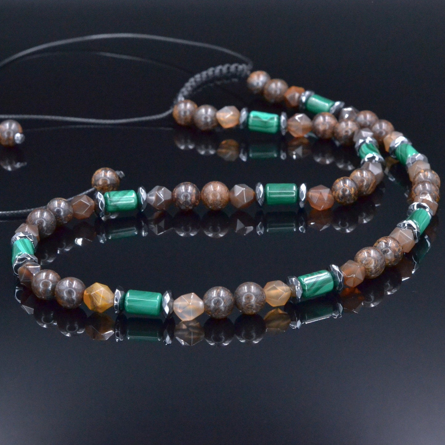 Malachite Bronzite Beaded Necklace, Men's Short Adjustable Necklace, Brown Agate Crystal Necklace, Gift for Men, Hematite Stone Necklace - Shamballa Necklace - Birthstone Necklace - Gemstone Necklace Men - Chakra Necklace - Yoga Necklace - Mantra Necklace -Macrame Necklace - Healing Necklace - Valinde