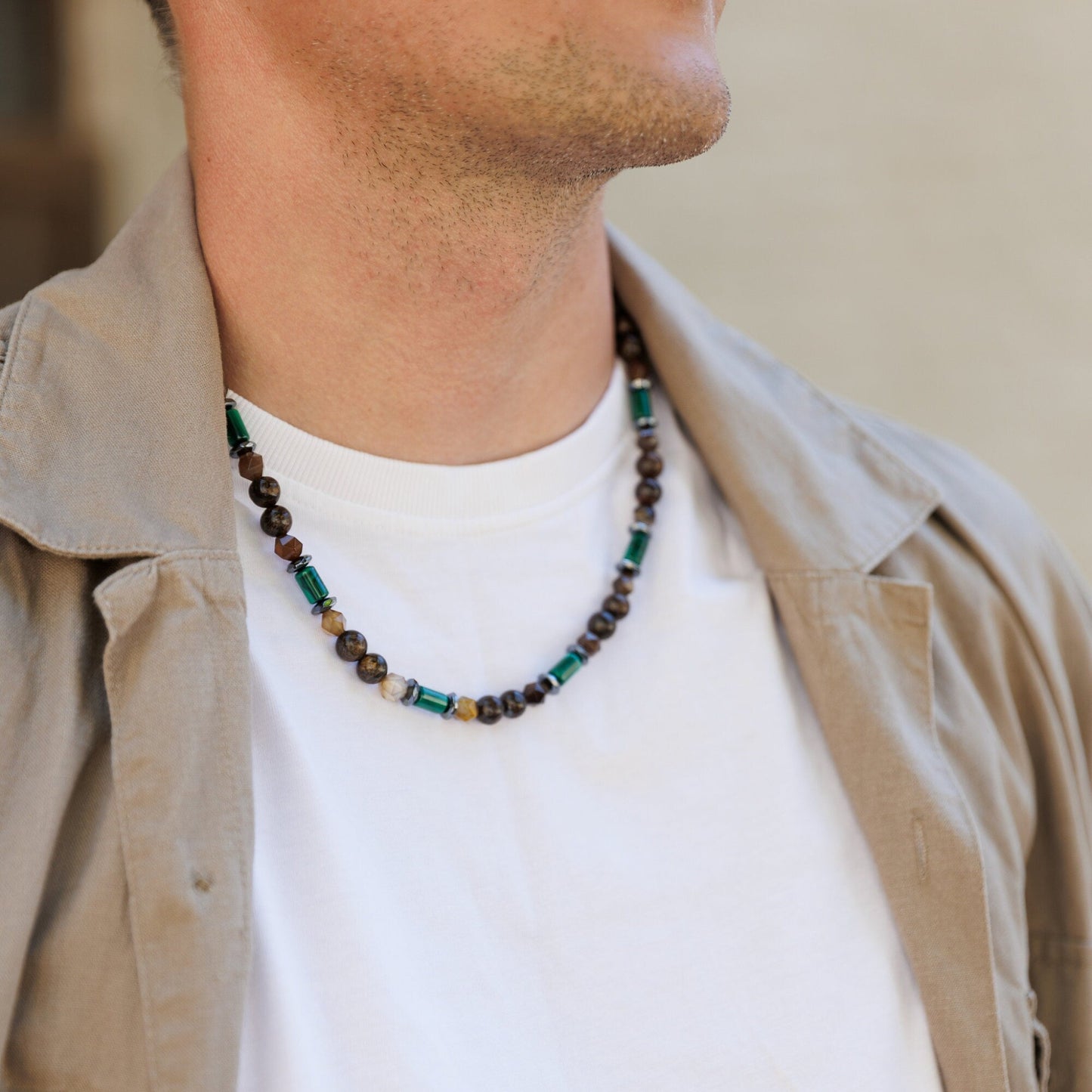 Malachite Bronzite Beaded Necklace, Men's Short Adjustable Necklace, Brown Agate Crystal Necklace, Gift for Men, Hematite Stone Necklace - Shamballa Necklace - Birthstone Necklace - Gemstone Necklace Men - Chakra Necklace - Yoga Necklace - Mantra Necklace -Macrame Necklace - Healing Necklace - Valinde
