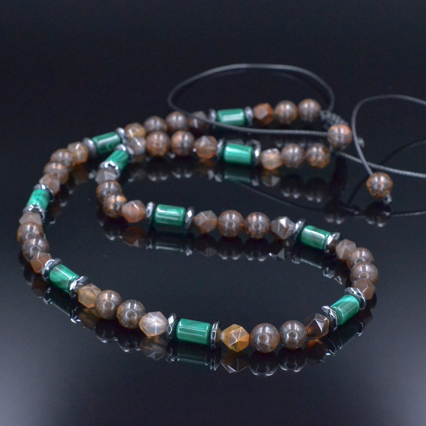 Malachite Bronzite Beaded Necklace, Men's Short Adjustable Necklace, Brown Agate Crystal Necklace, Gift for Men, Hematite Stone Necklace - Shamballa Necklace - Birthstone Necklace - Gemstone Necklace Men - Chakra Necklace - Yoga Necklace - Mantra Necklace -Macrame Necklace - Healing Necklace - Valinde