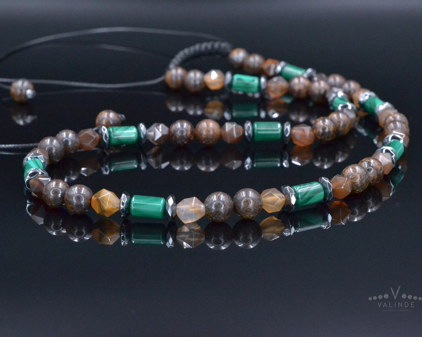 Malachite Bronzite Beaded Necklace, Men's Short Adjustable Necklace, Brown Agate Crystal Necklace, Gift for Men, Hematite Stone Necklace - Shamballa Necklace - Birthstone Necklace - Gemstone Necklace Men - Chakra Necklace - Yoga Necklace - Mantra Necklace -Macrame Necklace - Healing Necklace - Valinde