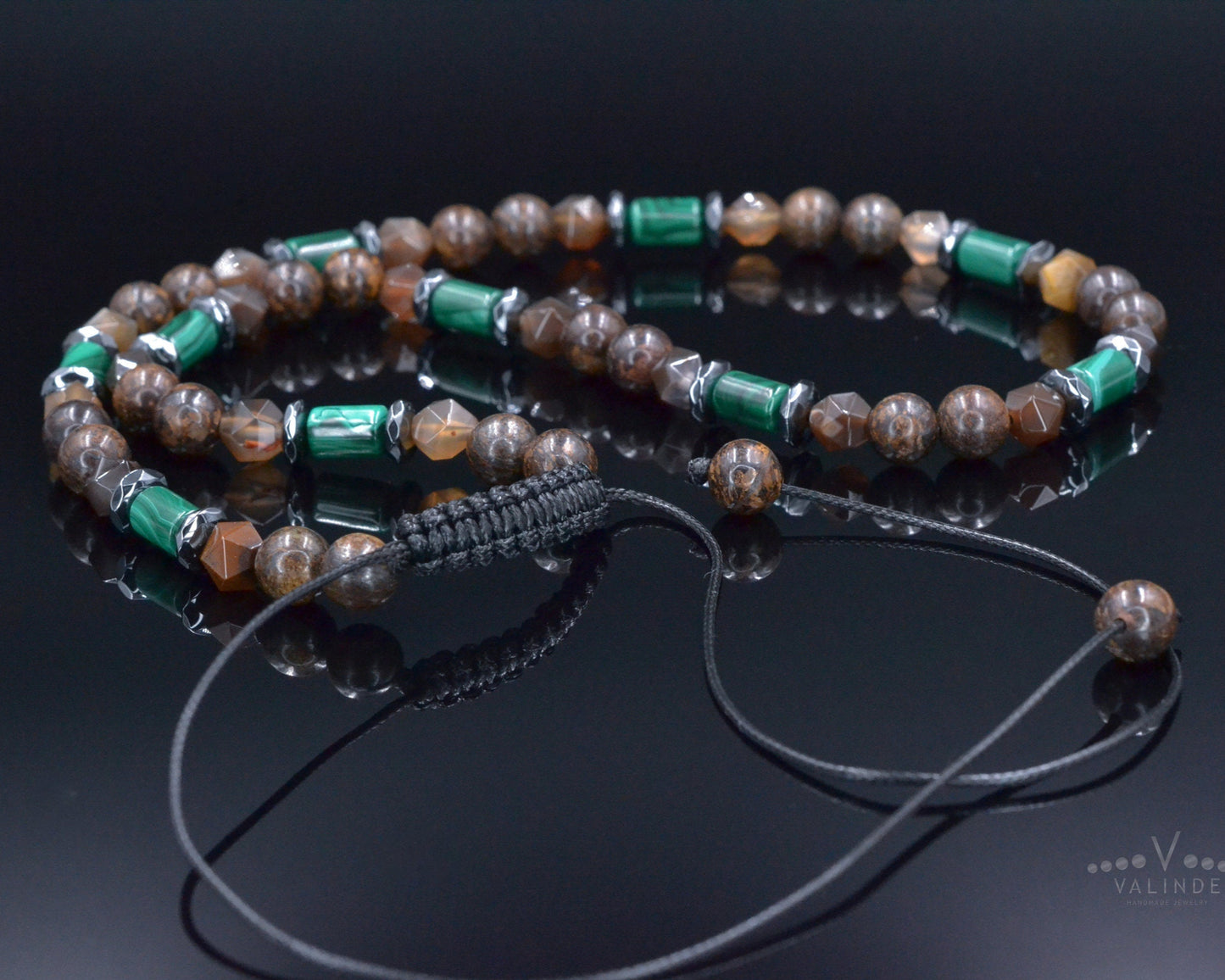 Malachite Bronzite Beaded Necklace, Men's Short Adjustable Necklace, Brown Agate Crystal Necklace, Gift for Men, Hematite Stone Necklace - Shamballa Necklace - Birthstone Necklace - Gemstone Necklace Men - Chakra Necklace - Yoga Necklace - Mantra Necklace -Macrame Necklace - Healing Necklace - Valinde