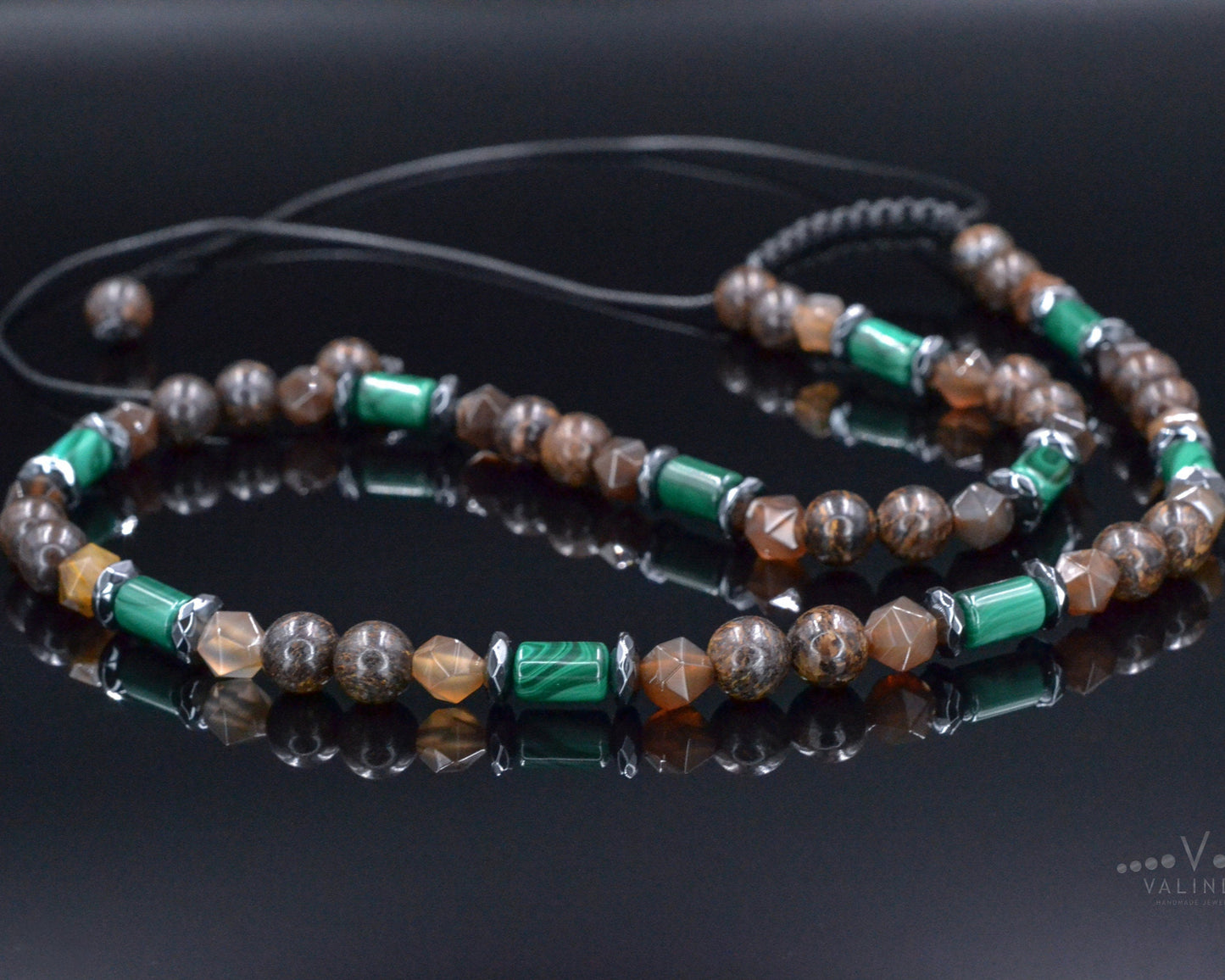 Malachite Bronzite Beaded Necklace, Men's Short Adjustable Necklace, Brown Agate Crystal Necklace, Gift for Men, Hematite Stone Necklace - Shamballa Necklace - Birthstone Necklace - Gemstone Necklace Men - Chakra Necklace - Yoga Necklace - Mantra Necklace -Macrame Necklace - Healing Necklace - Valinde