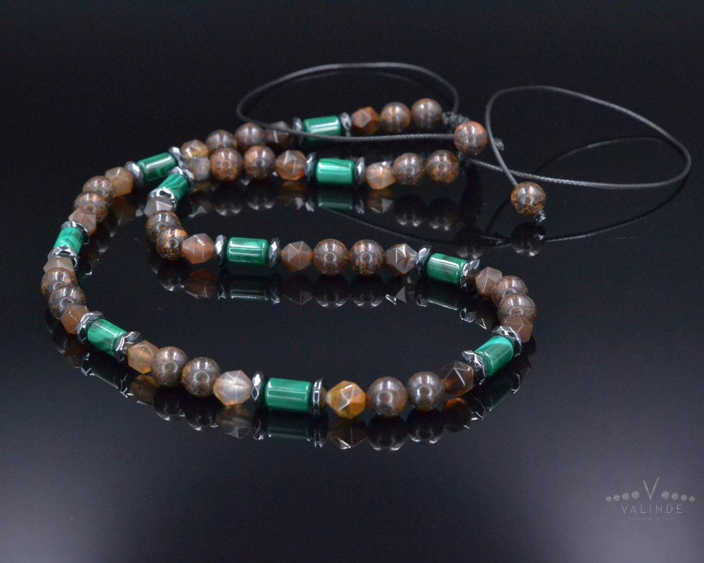 Malachite Bronzite Beaded Necklace, Men's Short Adjustable Necklace, Brown Agate Crystal Necklace, Gift for Men, Hematite Stone Necklace - Shamballa Necklace - Birthstone Necklace - Gemstone Necklace Men - Chakra Necklace - Yoga Necklace - Mantra Necklace -Macrame Necklace - Healing Necklace - Valinde