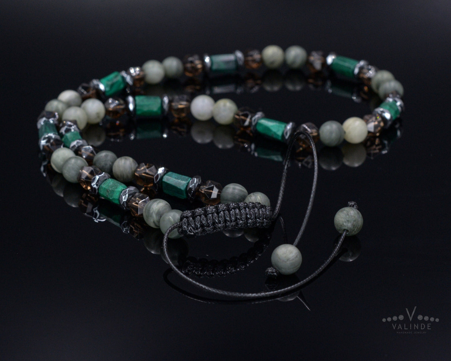 Raw Malachite Necklace for Men - Men's Short Crystal Necklace - Smoky Quartz and Agate Beaded Necklace - Gift for Men - Adjustable Necklace- Shamballa Necklace - Birthstone Necklace - Gemstone Necklace Men - Chakra Necklace - Macrame Necklace - Healing Necklace - Valinde