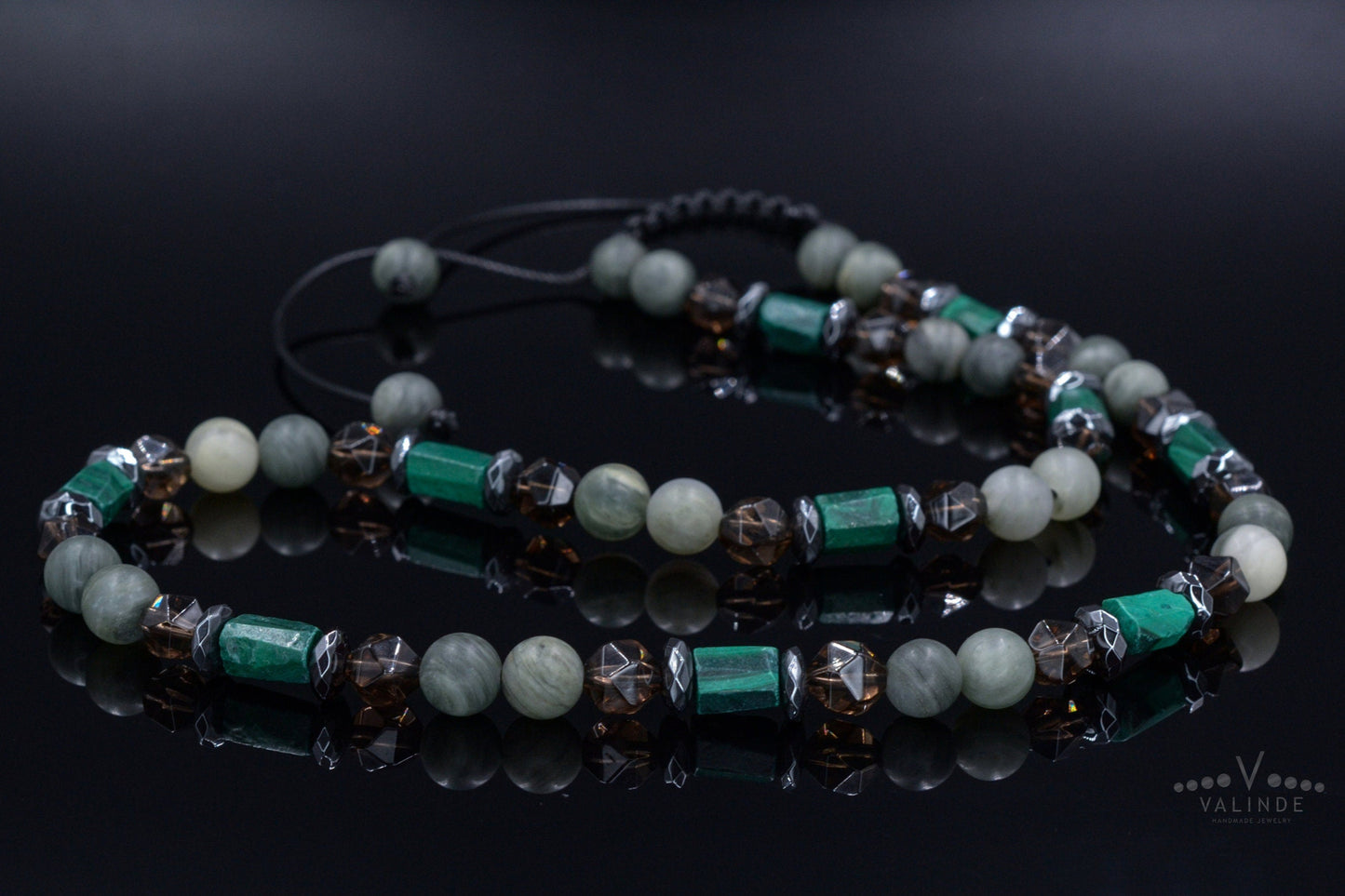 Raw Malachite Necklace for Men - Men's Short Crystal Necklace - Smoky Quartz and Agate Beaded Necklace - Gift for Men - Adjustable Necklace- Shamballa Necklace - Birthstone Necklace - Gemstone Necklace Men - Chakra Necklace - Macrame Necklace - Healing Necklace - Valinde