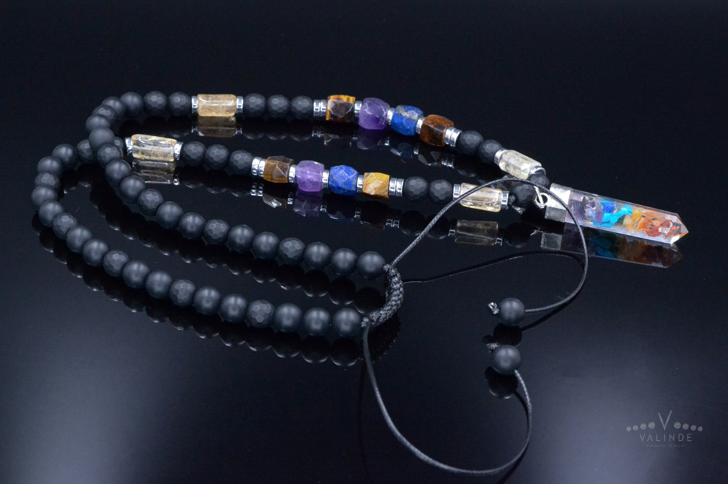 Healing Chakra Pendant Necklace - Men's Citrine Amethyst Onyx Tiger's Eye Crystal Necklace - Gift for Men - Long Beaded Adjustable Necklace - Shamballa Necklace - Birthstone Necklace - Gemstone Necklace Men - Chakra Necklace - Yoga Necklace - Mantra Necklace -Macrame Necklace - Healing Necklace - Valinde