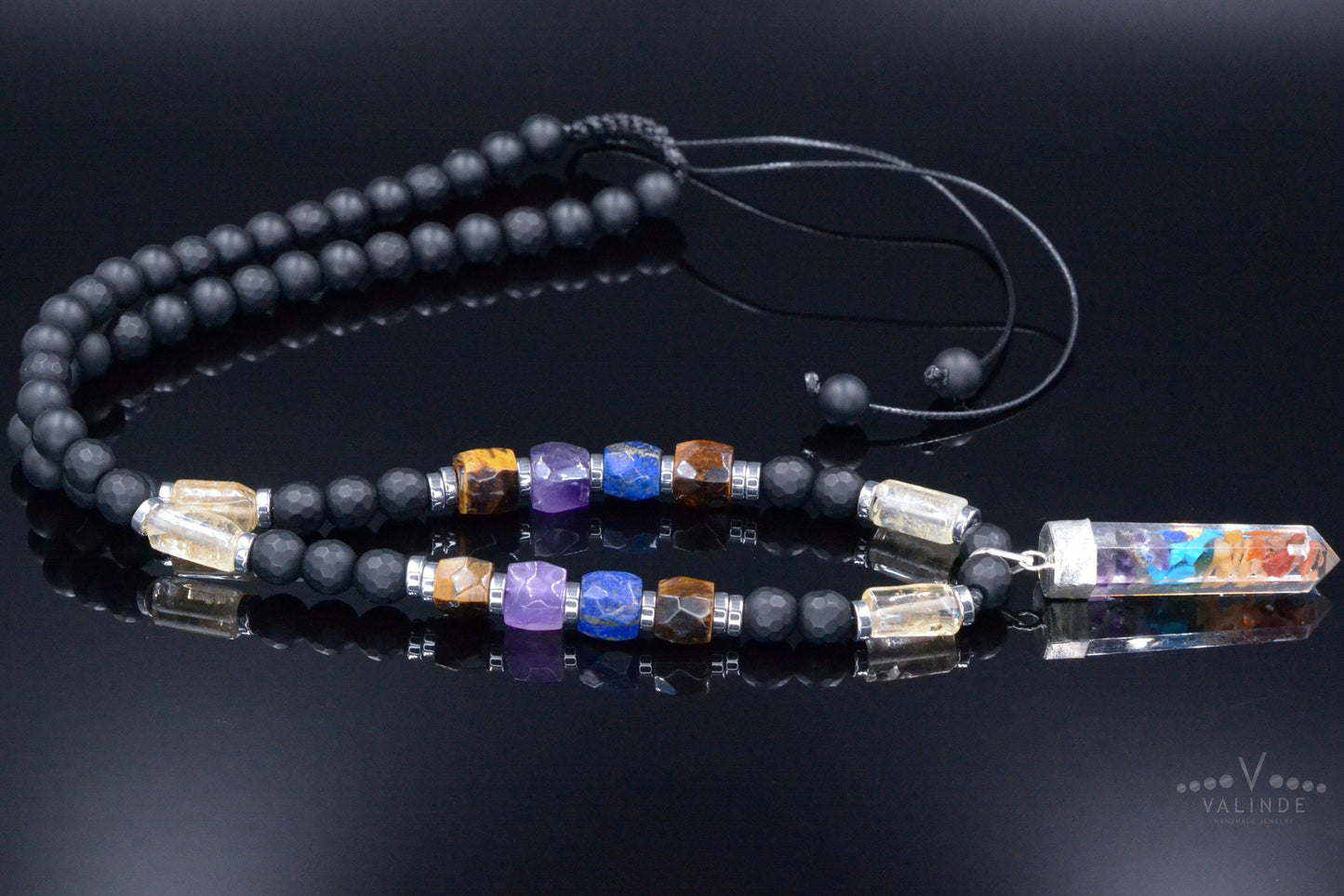 Healing Chakra Pendant Necklace - Men's Citrine Amethyst Onyx Tiger's Eye Crystal Necklace - Gift for Men - Long Beaded Adjustable Necklace - Shamballa Necklace - Birthstone Necklace - Gemstone Necklace Men - Chakra Necklace - Yoga Necklace - Mantra Necklace -Macrame Necklace - Healing Necklace - Valinde