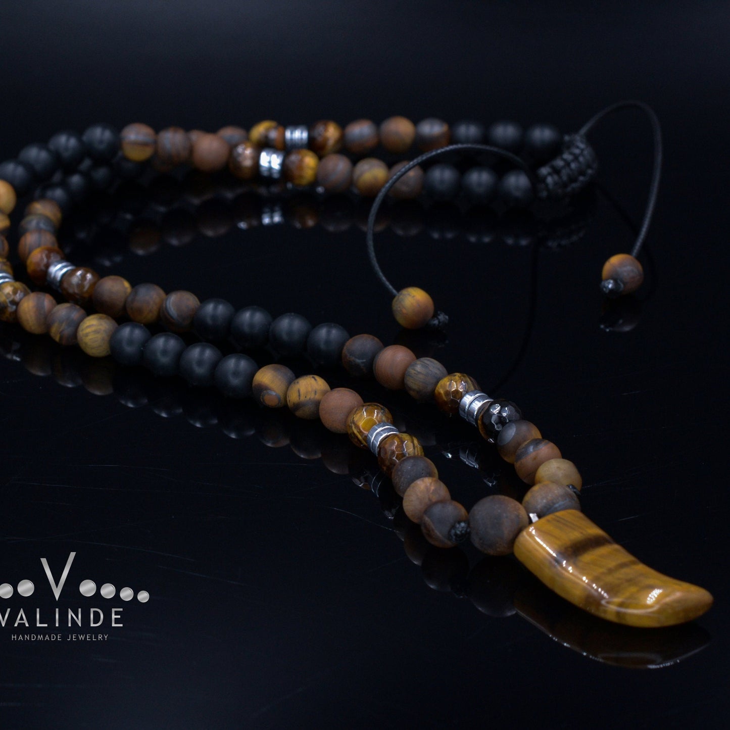 Tiger's Eye Pendant Necklace for Men - Men's Black Onyx Beaded Necklace - Long Necklace - Gift for Men- Tiger Eye Gemstone Necklace for Man - Shamballa Necklace - Birthstone Necklace - Gemstone Necklace Men - Chakra Necklace - Yoga Necklace - Mantra Necklace -Macrame Necklace - Healing Necklace - Valinde