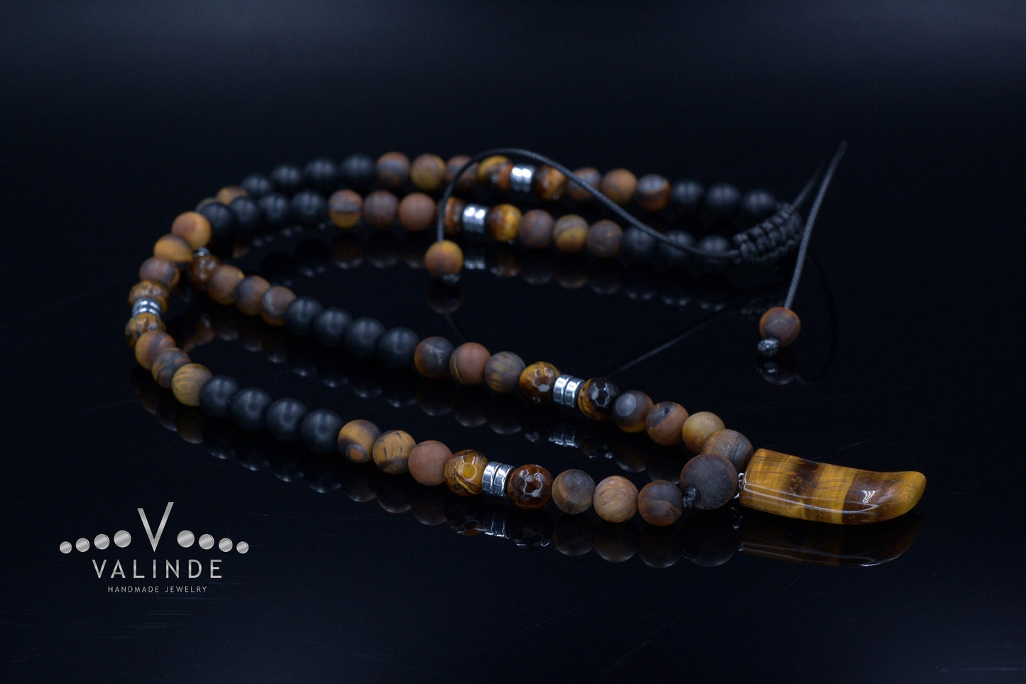 Tiger's Eye Pendant Necklace for Men - Men's Black Onyx Beaded Necklace - Long Necklace - Gift for Men- Tiger Eye Gemstone Necklace for Man - Shamballa Necklace - Birthstone Necklace - Gemstone Necklace Men - Chakra Necklace - Yoga Necklace - Mantra Necklace -Macrame Necklace - Healing Necklace - Valinde