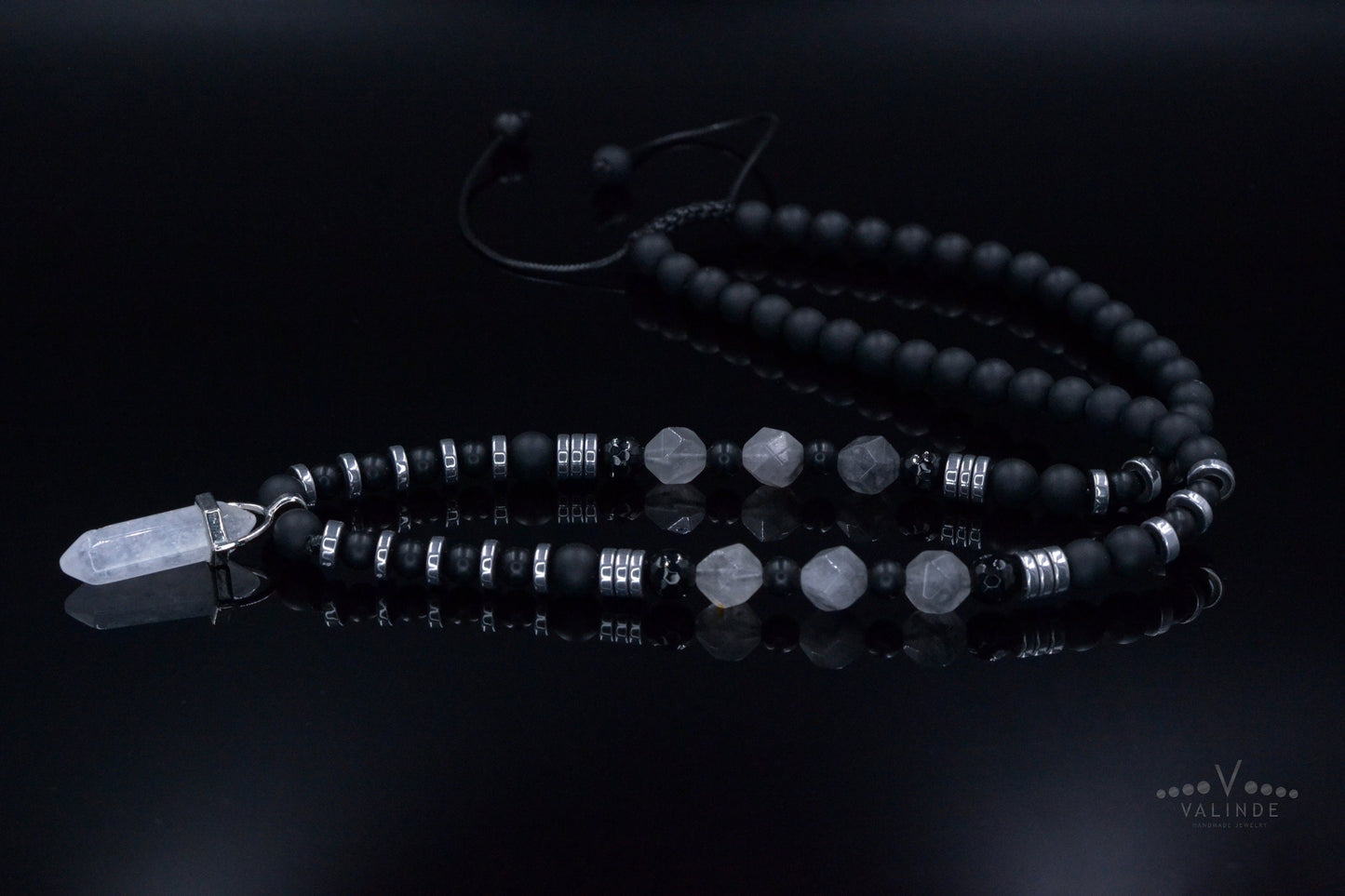 Men's Quartz Pendant Necklace - Long Crystal Beaded Necklace - Black Onyx Hematite Necklace - Gift for Men - Adjustable Necklace for Men - Shamballa Necklace - Birthstone Necklace - Gemstone Necklace Men - Chakra Necklace - Macrame Necklace - Healing Necklace - Valinde